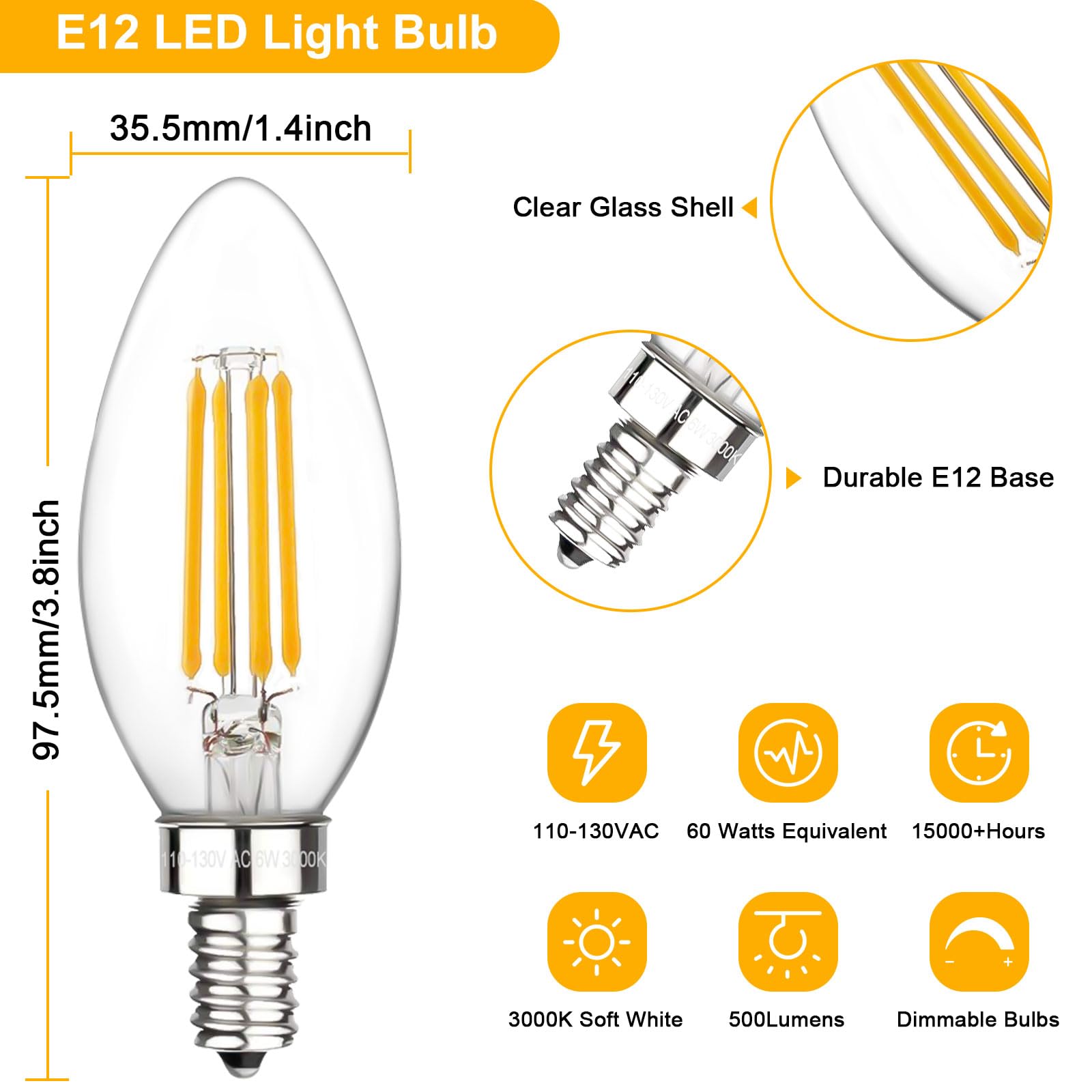 E12 Candelabra Bulbs 60 Watt, Chandelier Light Bulbs LED Candle Bulb 3000K Soft White, B11 LED Bulb Dimmable 6W 500 Lumens Filam