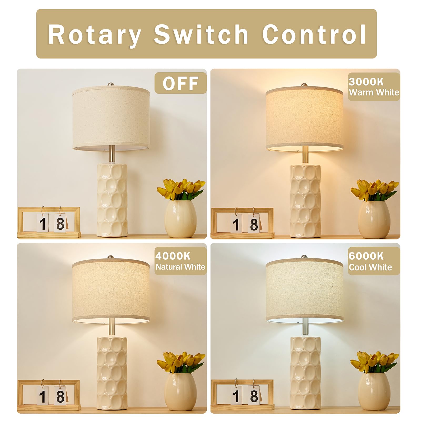 SAIWEYA 24" Ceramic Table Lamp Set of 2, 3 Color Dimmable, Rotary-Cream White, Modern Design for Bedroom and Living Room