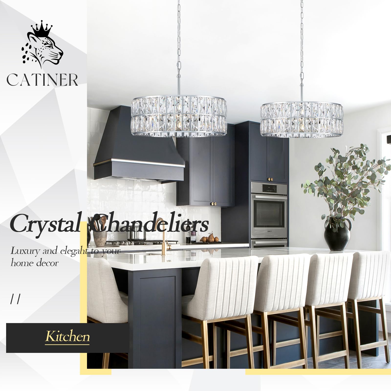 Catiner Modern Crystal Chandelier 18 Chrome Semi Flush Mount Ceiling Light Fixtures 6-Lights Drum Crystal Pendant Lighting For Dining Room Foyer Bedroom Living Room