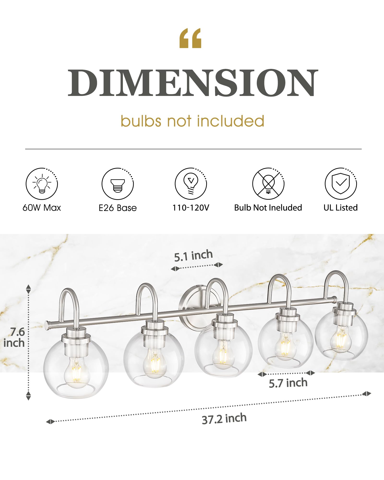 Audickic 5-Light Bathroom Vanity Light Fixtures, Brushed Nickel, Globe Clear Glass, 35 Inch, Model AD-22280-5W-SN