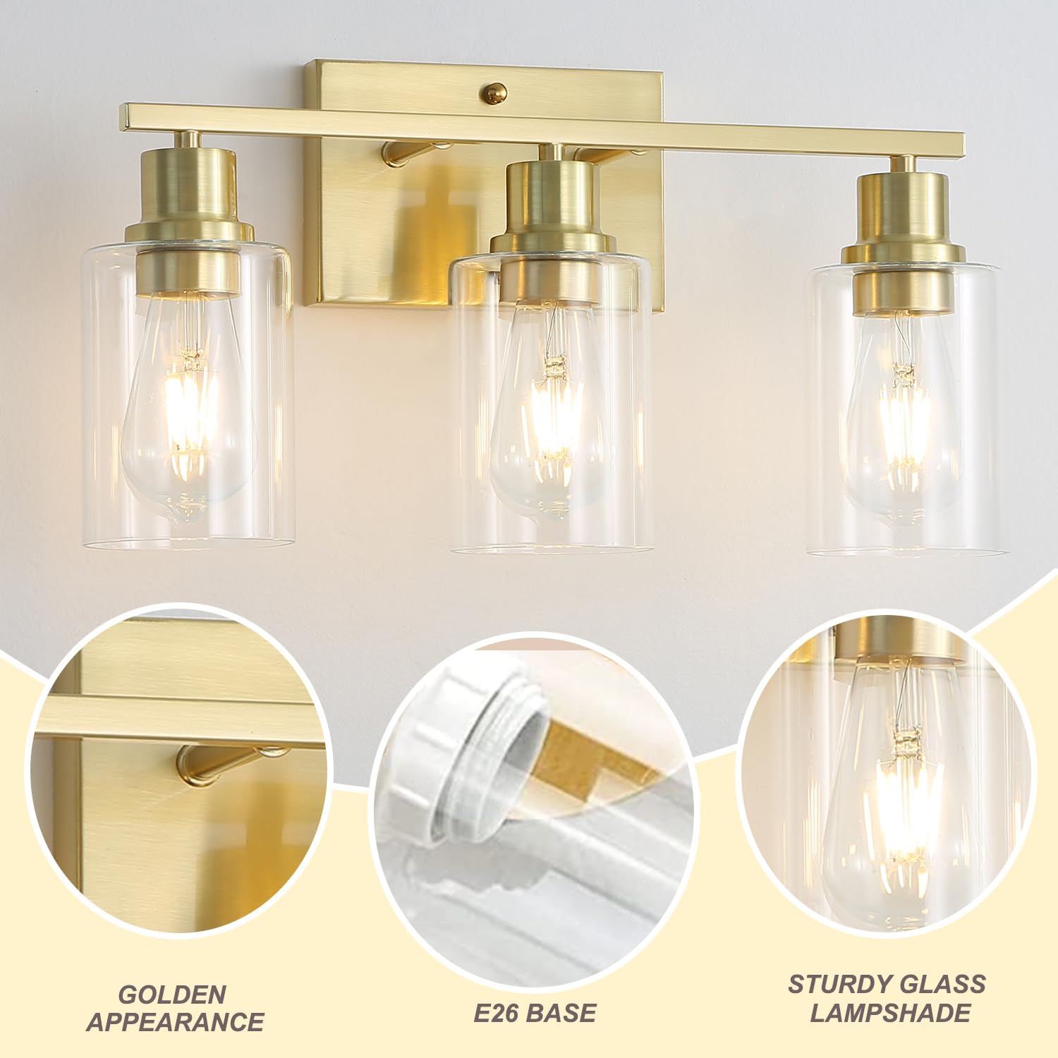 Jodauirt 3-Lights Modern Wall Sconces Gold Bathroom Vanity Light Fixtures,Brushed Brass Wall Sconces With Clear Glass Shades, Farmhouse Wall Lighting ?For Hallway,Living Room,Bedroom