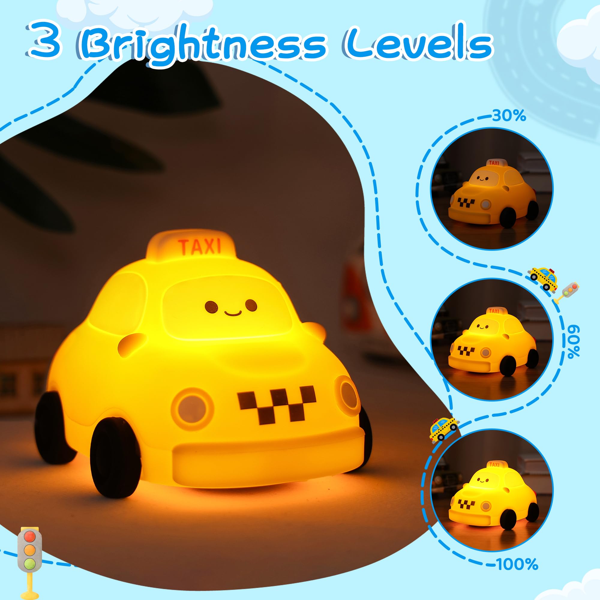 YuanDian Car Night Light, Gifts for Adults Teens and Babies. Decorate Kids Bedroom with Cute Silicone Taxi Toy Nightlights, Chr