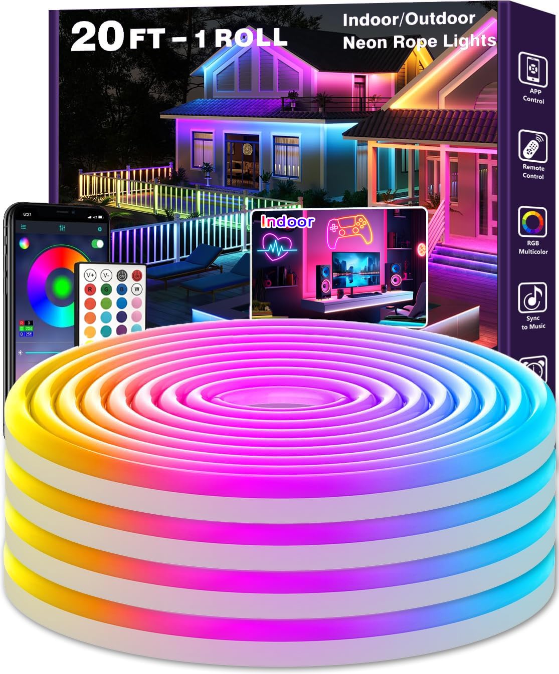 EJs SUPER CAR 20Ft RGB Neon Rope Lights, Flexible LED Strip with App Remote, Outdoor IP65, Model KQ-NL-LED