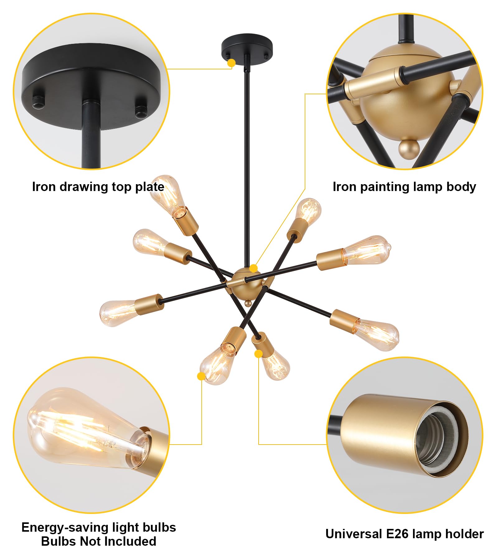 MEIXISUE Modern Sputnik Chandelier, 8 Lights, Rectangle, Black and Gold, UL Listed, Model MX-P2130-8GD for Dining Room, Kitchen, Living Room