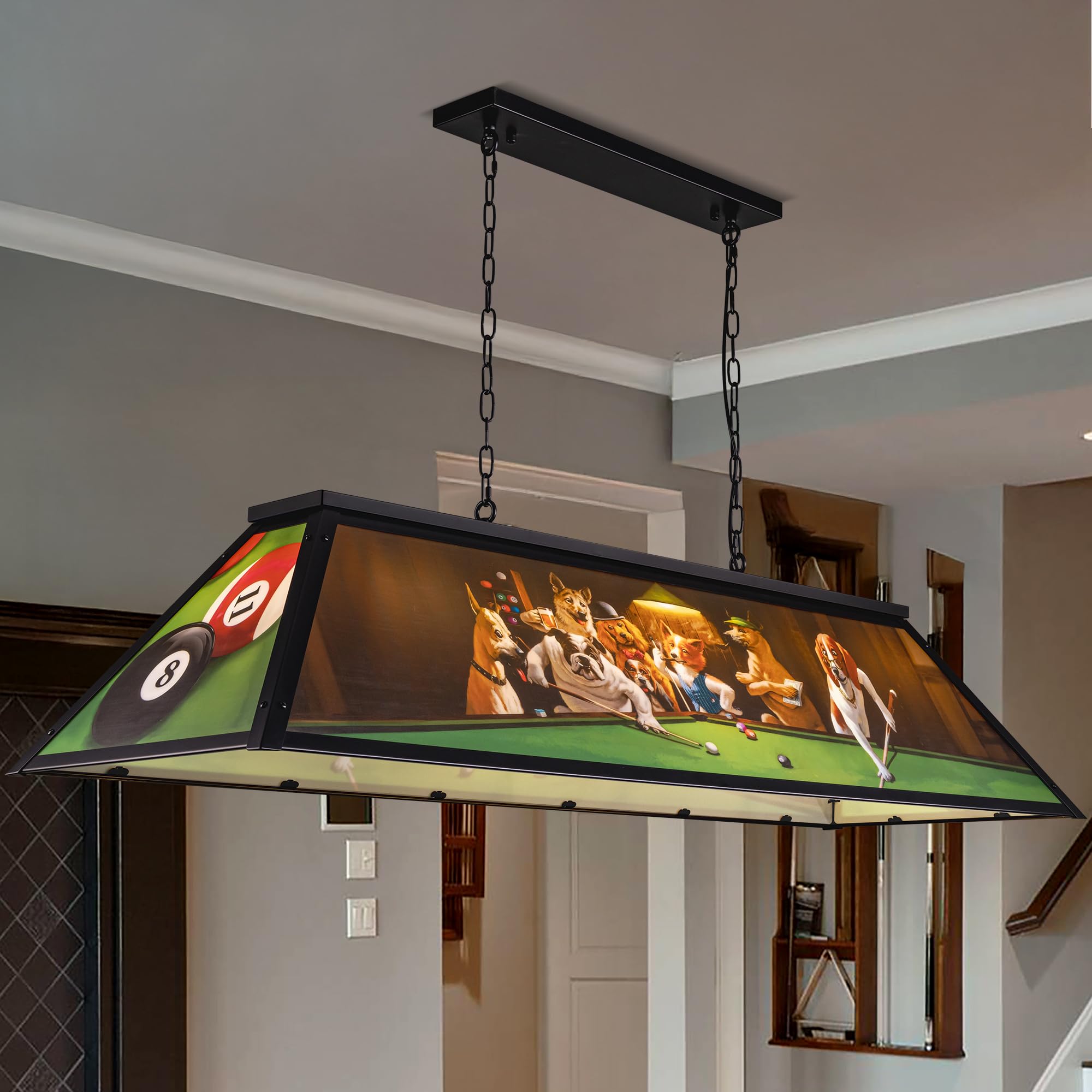 Wellmet Tiffany Pool Table Light  Dogs Playing Billiards Lights for 7 8 9 Pool Table  5 Lights Billiard Fixture Hanging Pendant Lamp for Snooker Table  Cabin  Game Room  Mens Cave  Dining Room