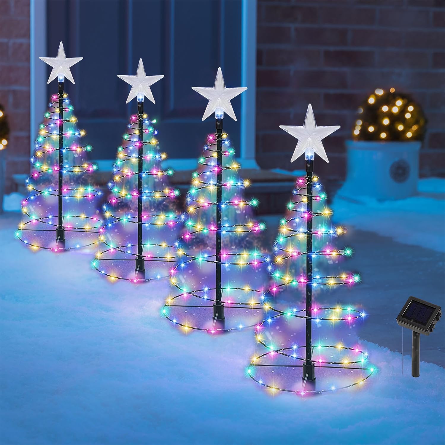 Dynaming 4 Pack Solar Spiral Christmas Trees with Lights, 19'' Outdoor Light Up Christmas Pathway Markers with Colorful Lights, 