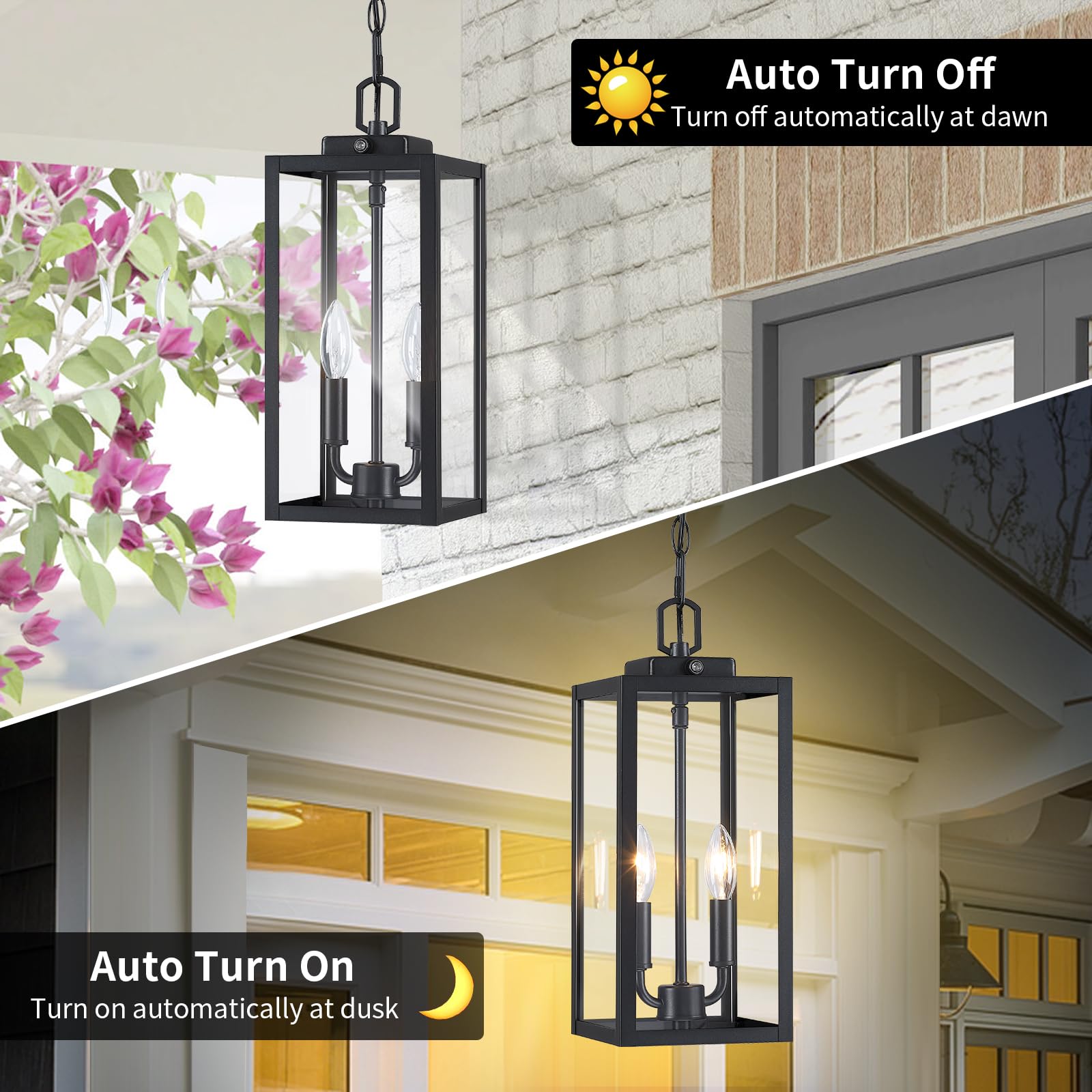 Large Outdoor Pendant Light 2-Light, 15'' Dusk To Dawn Modern Black Metal Outside Chandelier Exterior Hanging Fixture Ceiling Mo