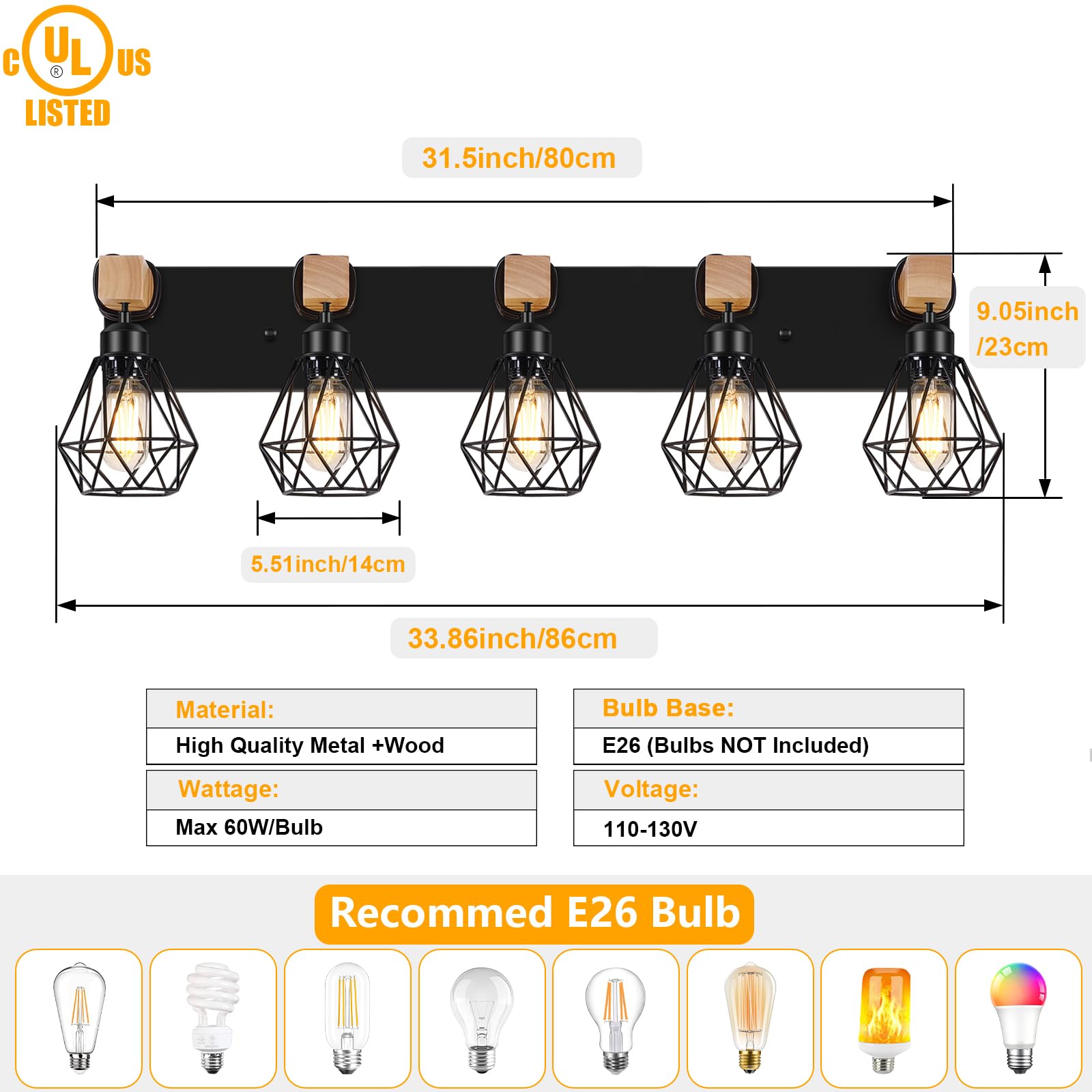 FadimiKoo 5-Light Wall Sconces, Black Metal Cage Vanity Lights, Rustic Bathroom & Living Room Lighting, Model ZSLZ-5