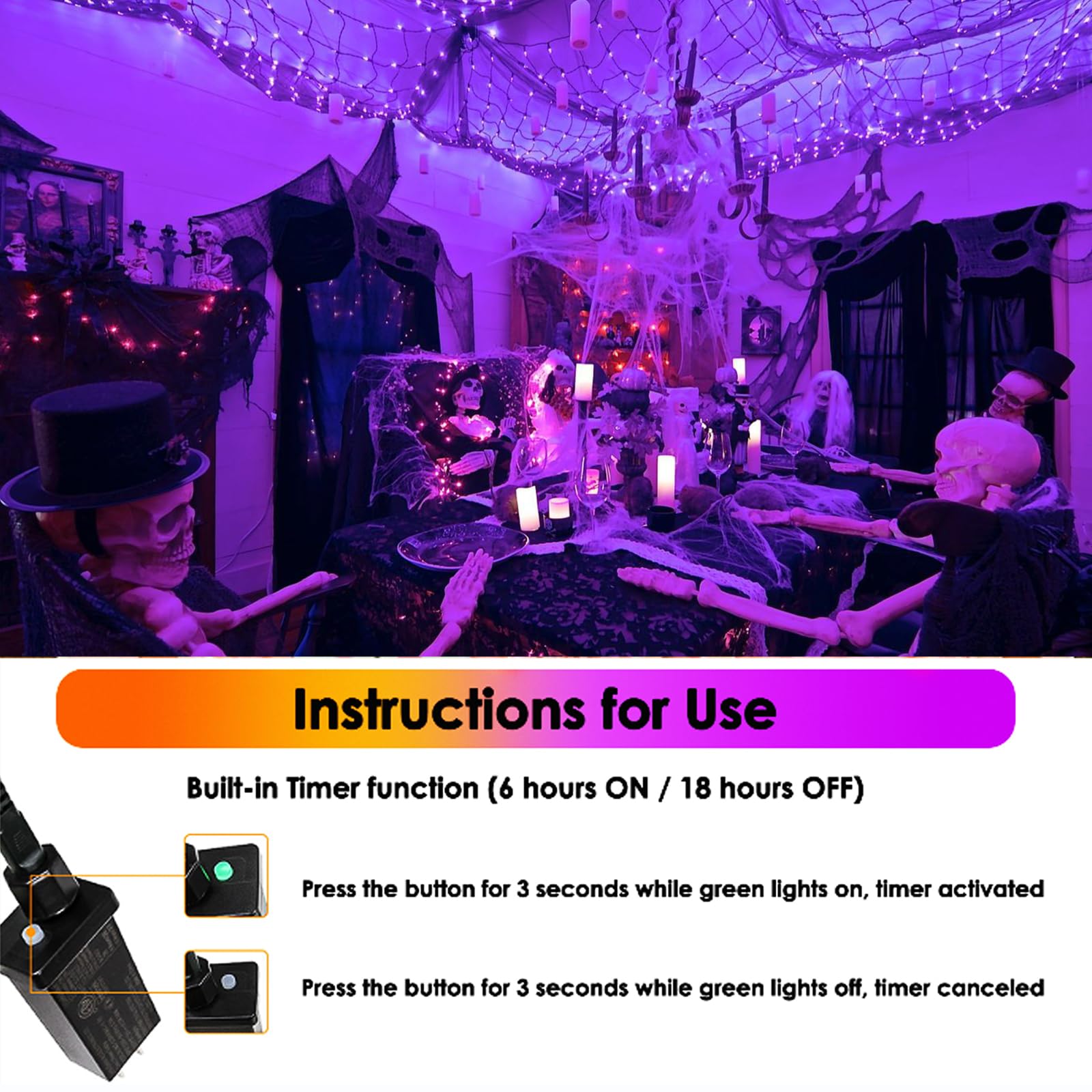 SANJICHA Purple LED Halloween String Lights, 66FT, 200 Lights, 8 Modes, Indoor/Outdoor Decorations