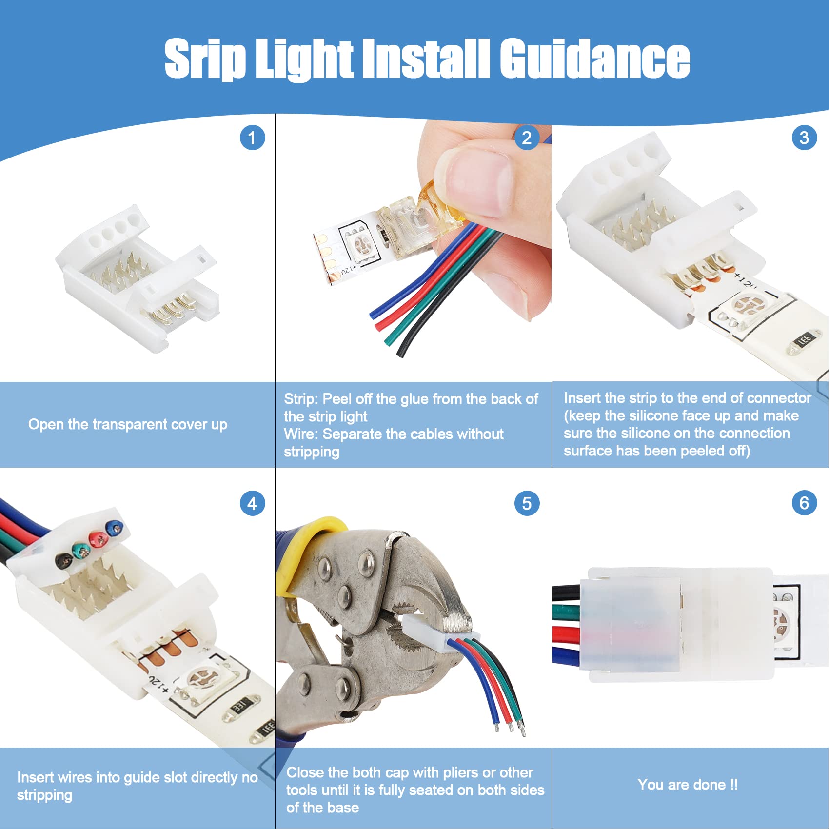Rifachua 22 Gauge Awg 4 Pin Rgb Led Strip Extension Cable Wire Cord 16.4Ft And 12 Pcs 10Mm Rgb Led Strip Light Connectors No Wir