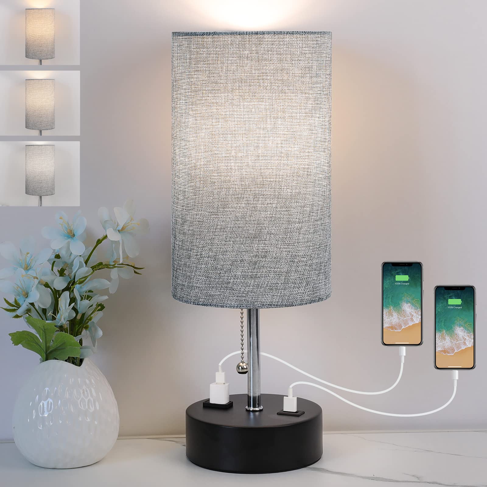 3-Color Temperature Bedside Lamp Nightstand Lamp With Usb A Port And C Port, Table Lamp For Bedroom With Led Bulb Small Lamps Fo