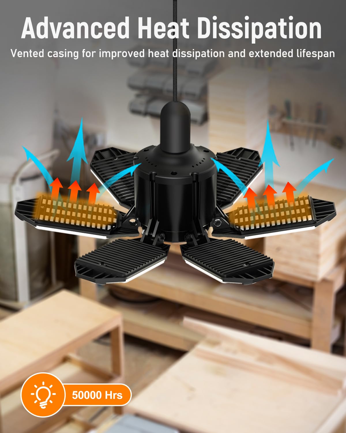 Adiding LED Garage Ceiling Light 10000Lm 6500K 6 Adjustable Panels E26 Black 1 Pack Polycarbonate