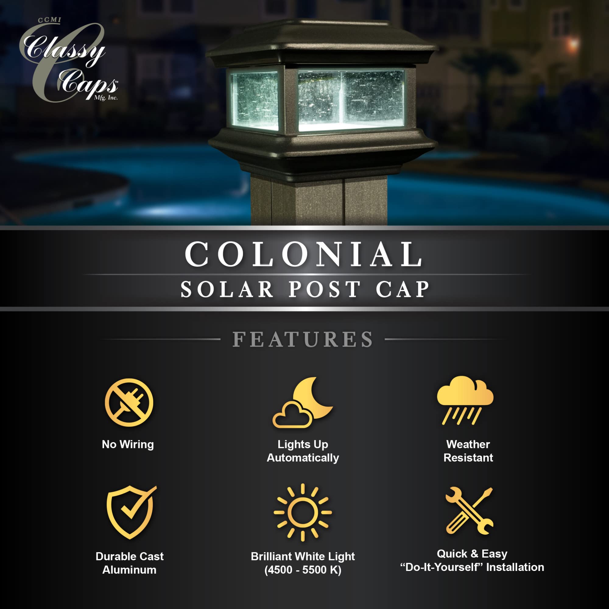 Classy Caps Sl088 Aluminum Colonial Solar Post Cap, 4" X 4", Black