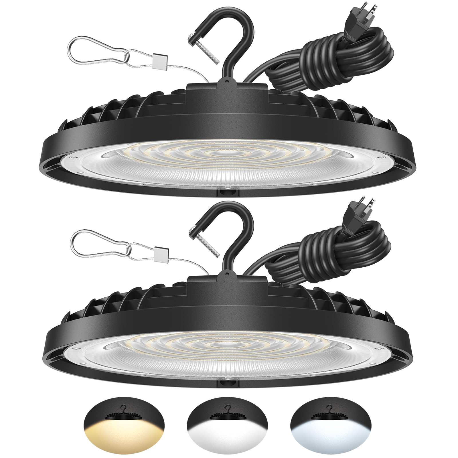 2 Pack 200W UFO LED High Bay Light, Adjustable Wattage 200W/150W/100W, 3-Color Temperature (3500K/5000K/6500K), 28,000LM, AC100-