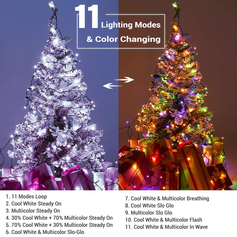 Brizlabs Christmas String Lights, 115Ft 300 Led Color Changing Christmas Lights, 11 Modes Cool White+ Multicolor String Lights W