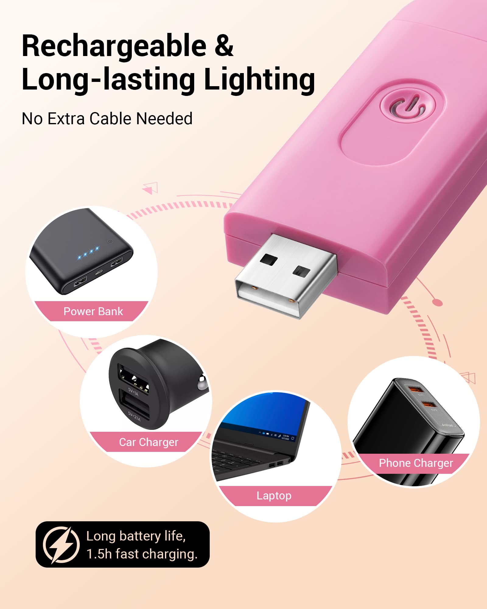 DEWENWILS LED Book Light - USB Rechargeable, Brightness Adjustable, Pink Clip-On Reading Light for Kids and Bookworms