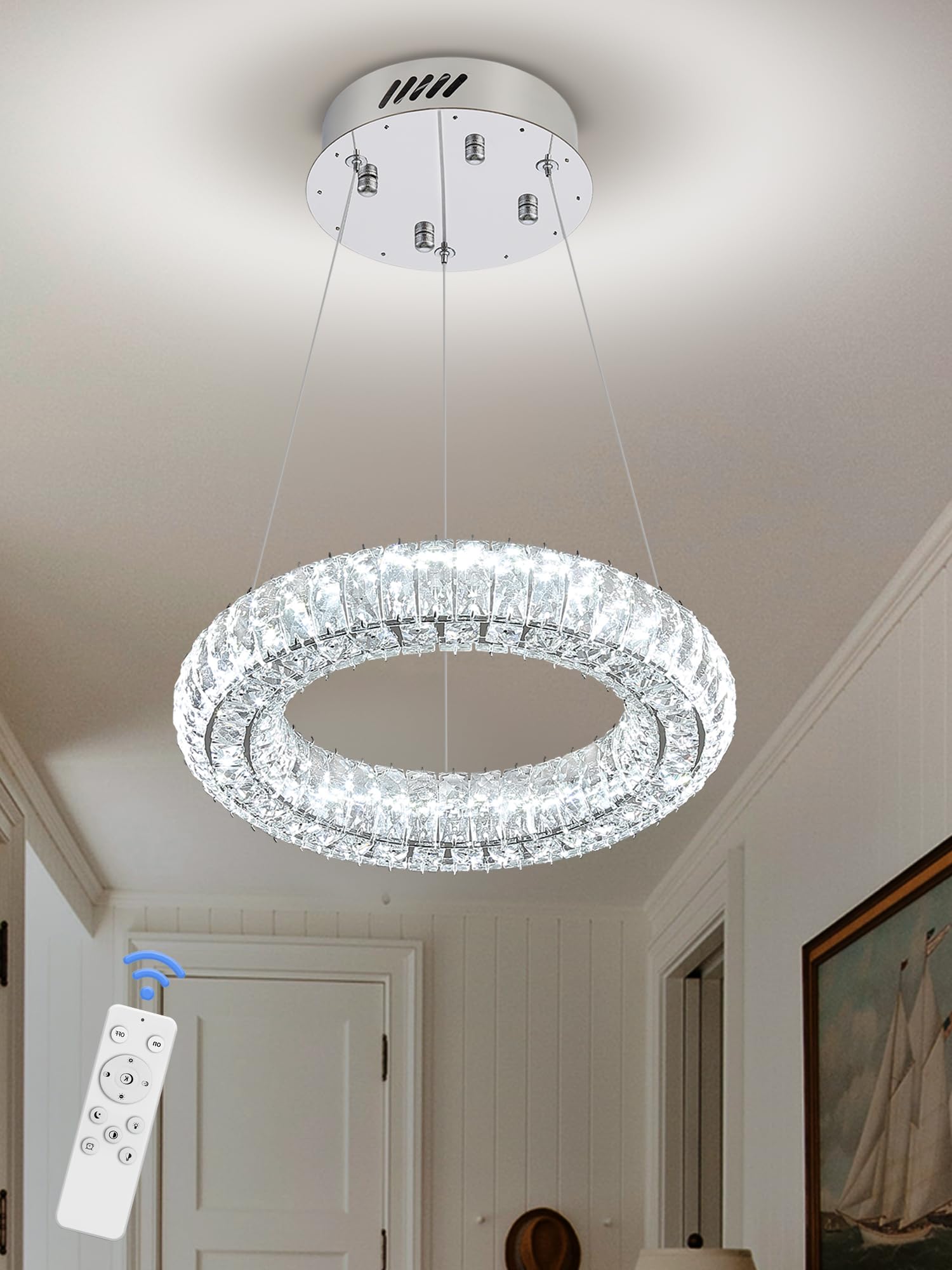 IDEQUY Modern Crystal Chandelier Dimmable LED 7.8'' Ring Pendant Light Adjustable Round Chrome Crystal Chandelier Light Fixtures