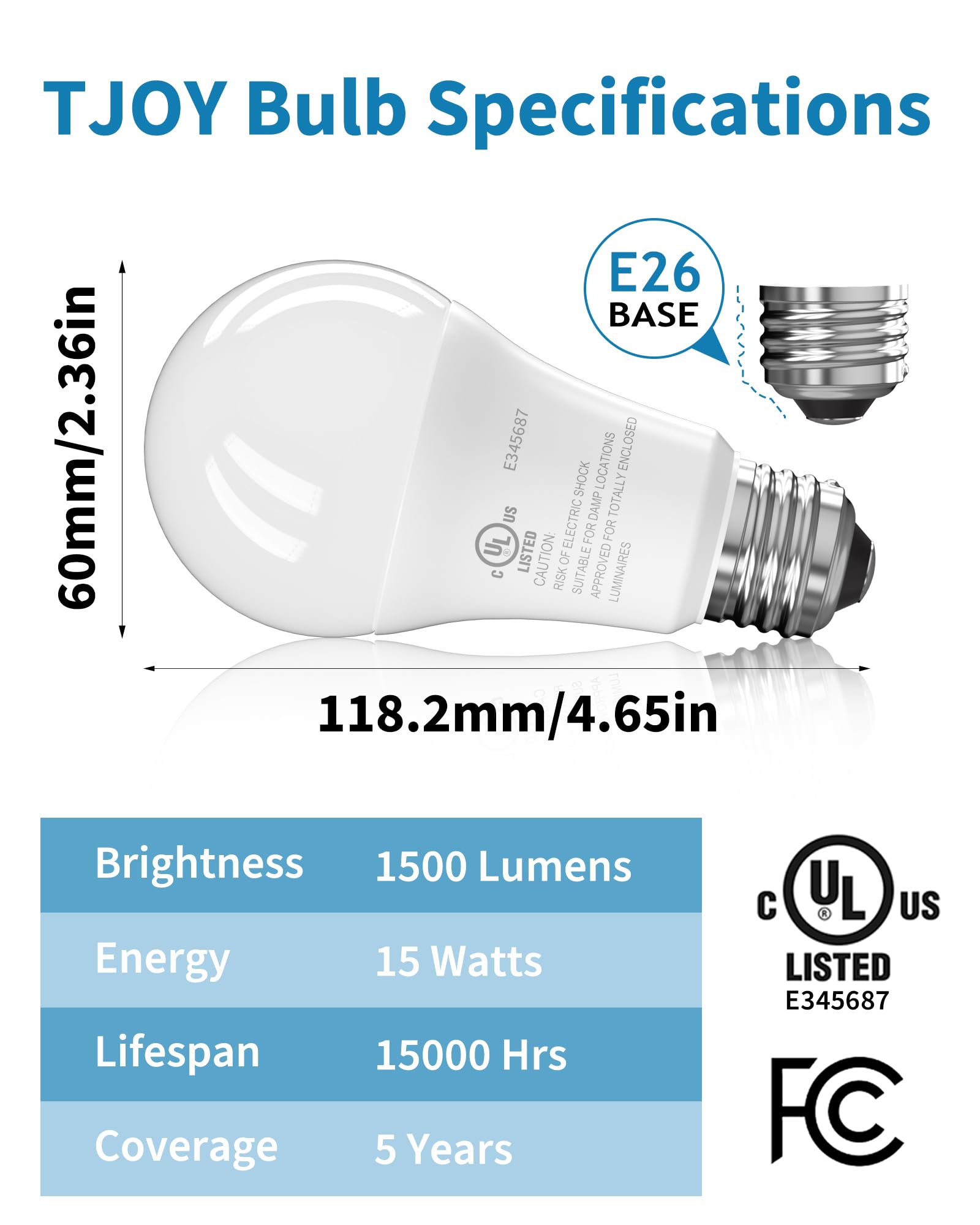 Tjoy 24 Pack Led Light Bulbs, 100 Watt Equivalent A19, 5000K Daylight Led Bulb, 15W Bright White Energy Saving Lightbulbs With E