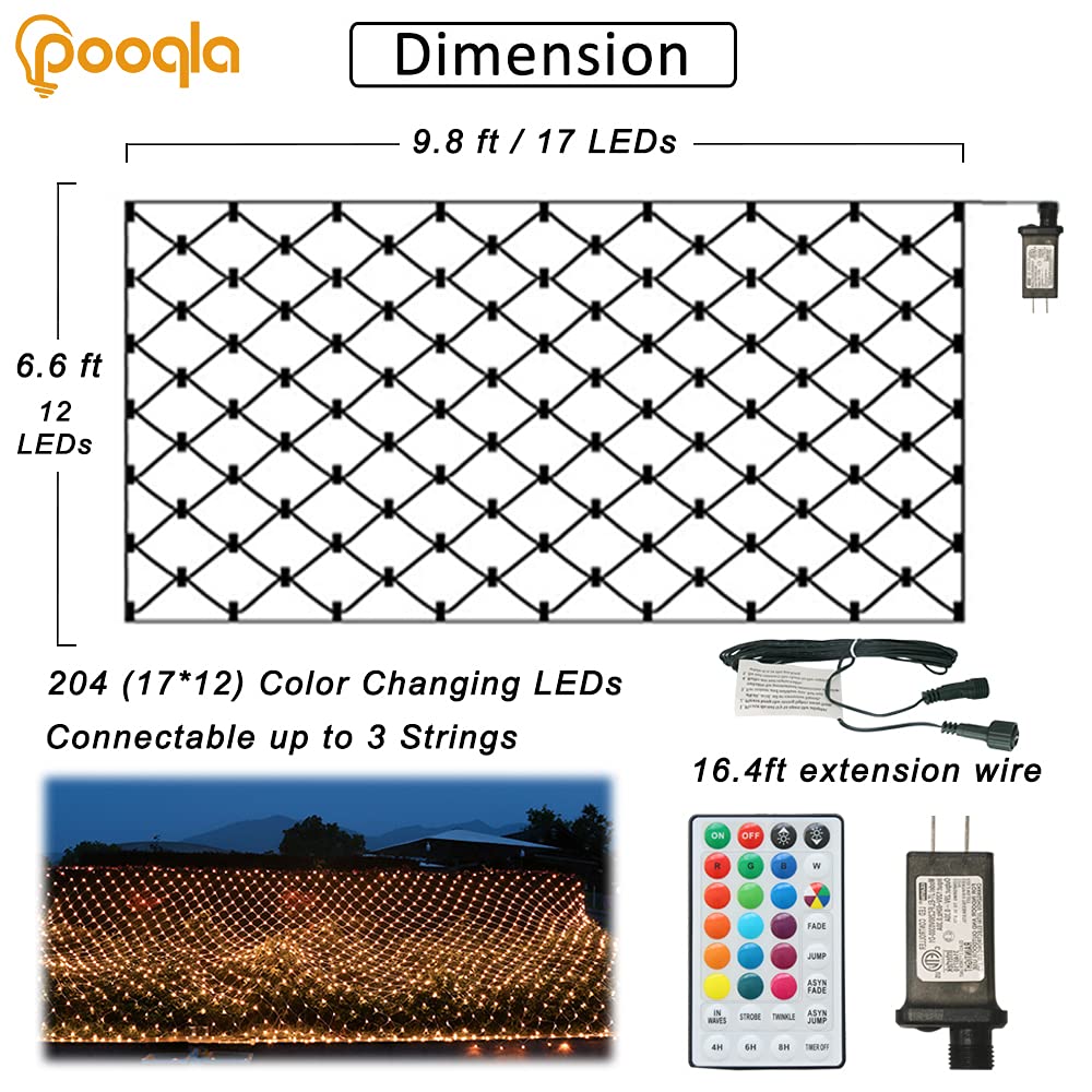 Pooqla RGB Net Lights, Color Changing LED Christmas Mesh, 204 LED, 9.8ft x 6.6ft, Green, Model LR-(1-1000) L-S