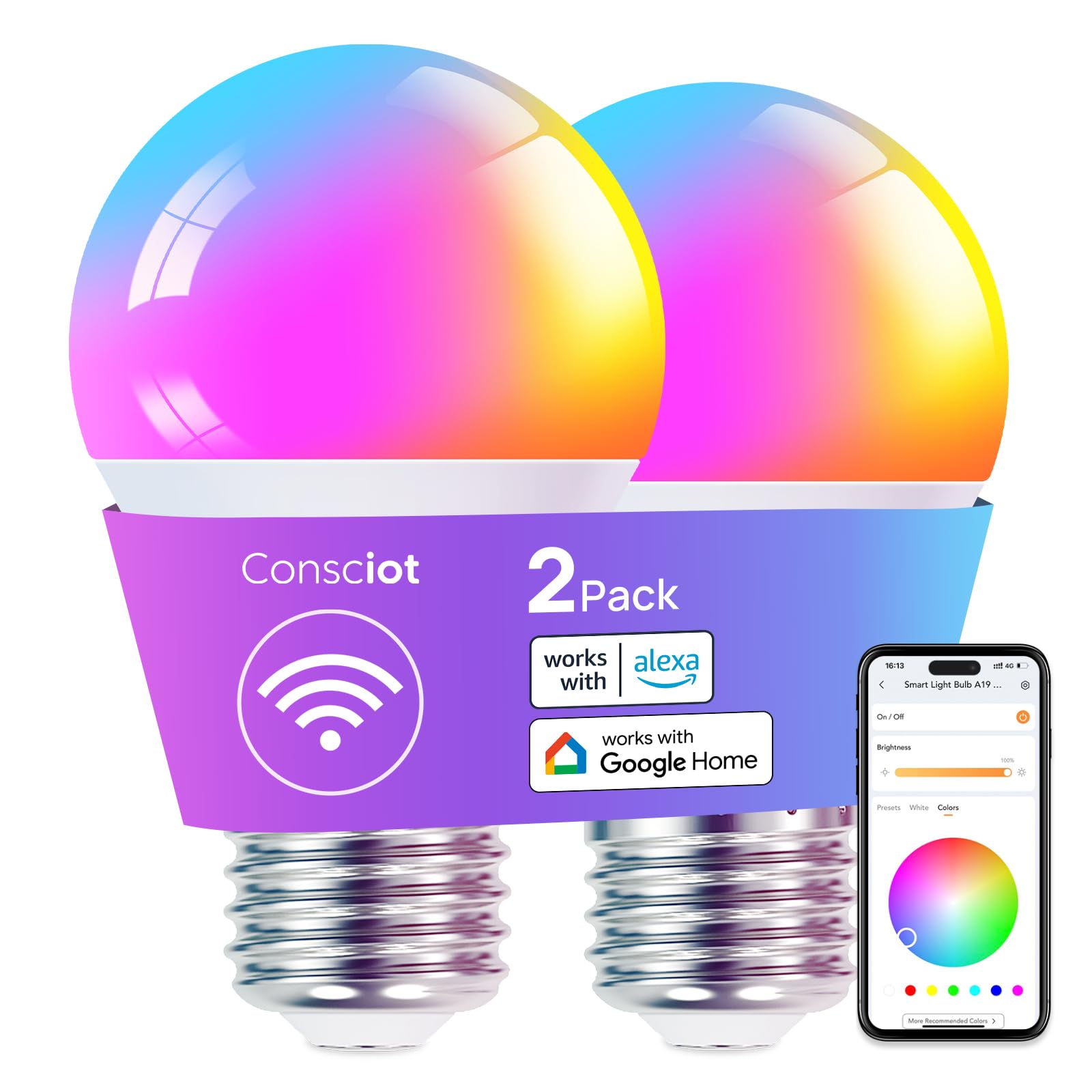 Consciot Smart Light Bulbs, Wifi Led Light Bulb That Works With Alexa & Google Home, Music Sync, Color Changing Light Bulb, A19 