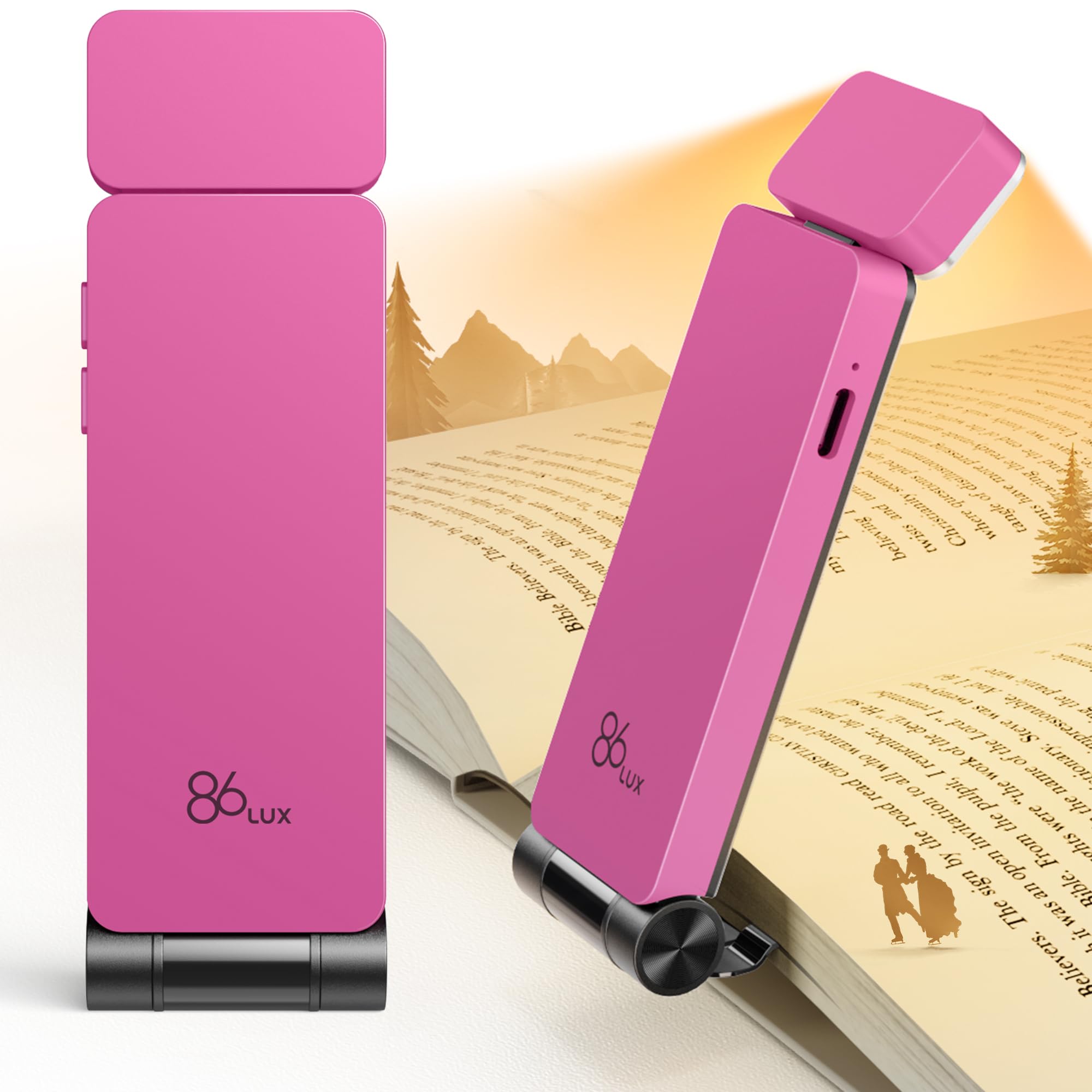 86lux Book Light, Rechargeable Reading Lights for Books in Bed, Ultralight Clip-on LED Bookmark Lamp with 3 Amber Colors & Stepless Dimming for Night Reading for Book Lovers, Kids, Hot Pink