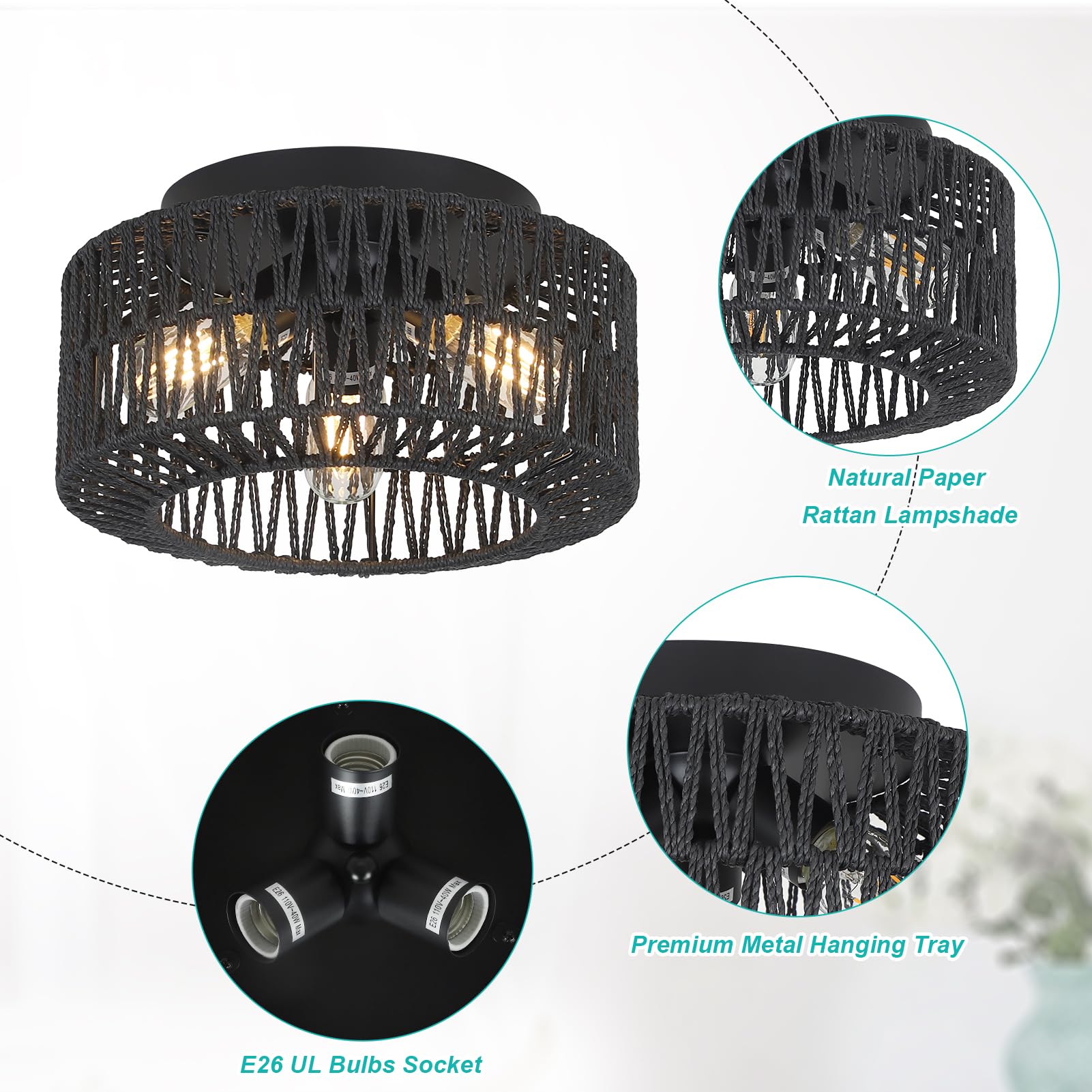 Pauful Rattan Light Fixtures, 3-Light Boho Flush Mount, Farmhouse Ceiling Light With Hand-Woven Shade, Modern Chandelier For Living, Bedroom, Entryway, Kitchen, Nursery