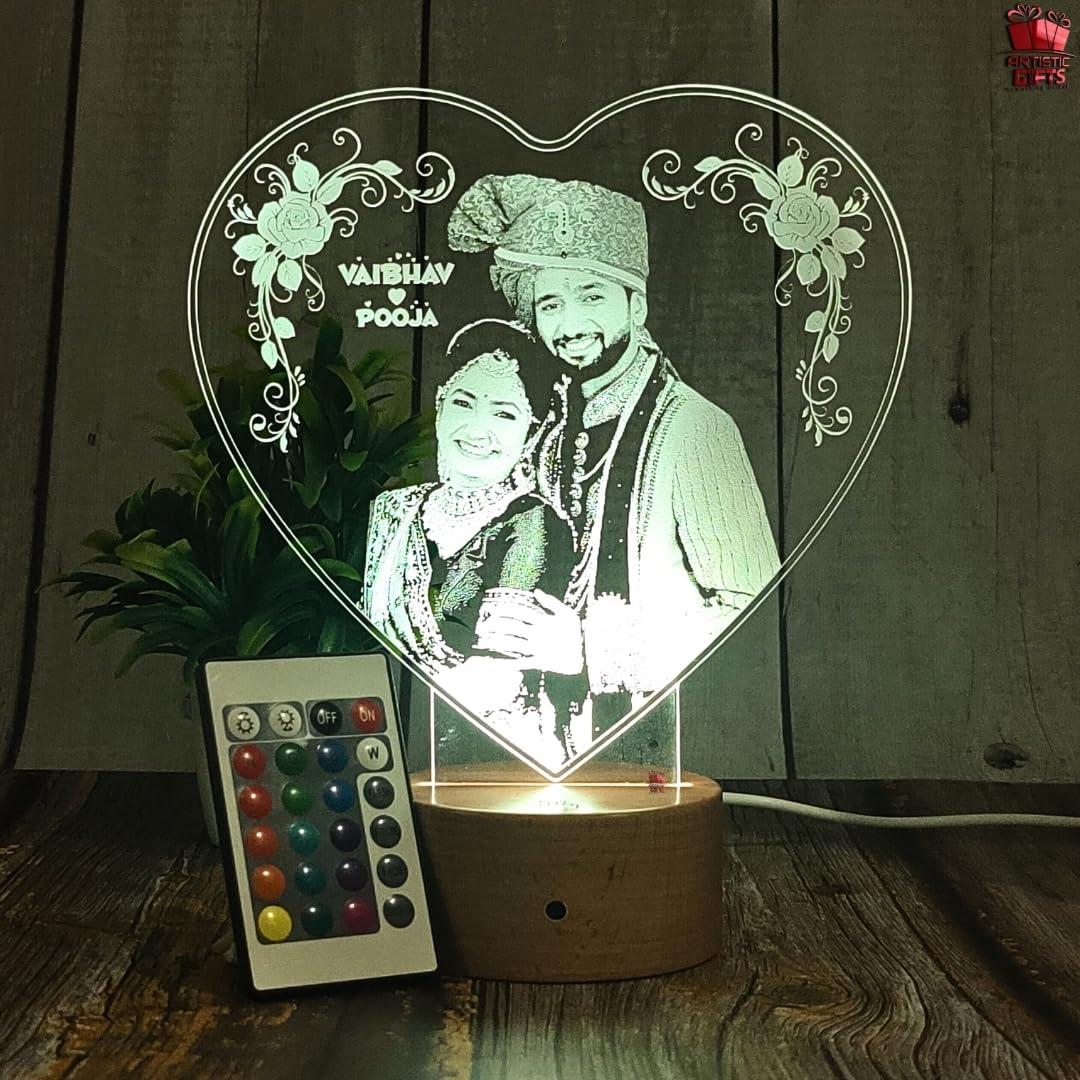 Artistic Gifts Personalized 3D Illusion Photo LED Lamp - Perfect Valentine, Birthday, Anniversary Gift for Couple (Heart 1)