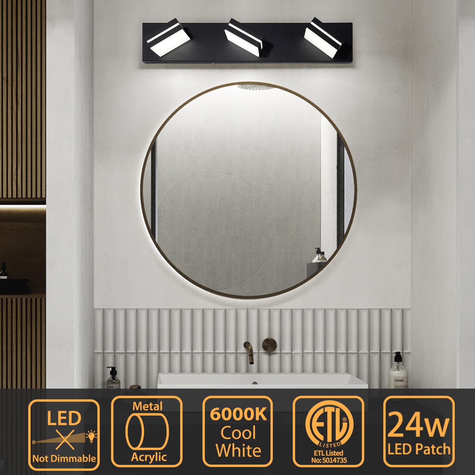 Okeli 3-Light Modern Led Vanity Light, Matte Black, 24 Inch, Etl Listed, Cold White