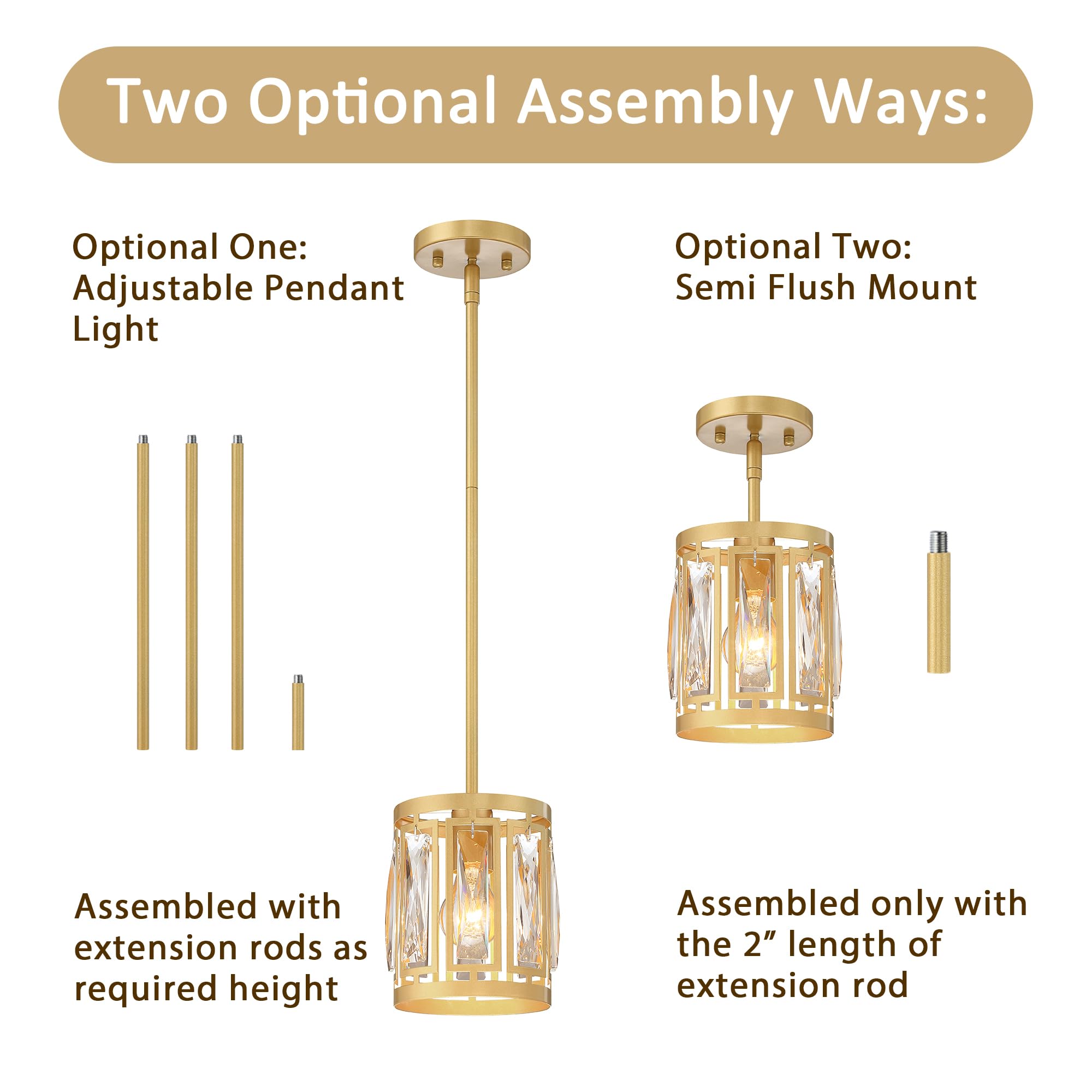 2 Pack Gold Pendant Lights Kitchen Island, Crystal Pendant Light, Adjustable Hanging Light Fixture For Dining Room, Living Room,