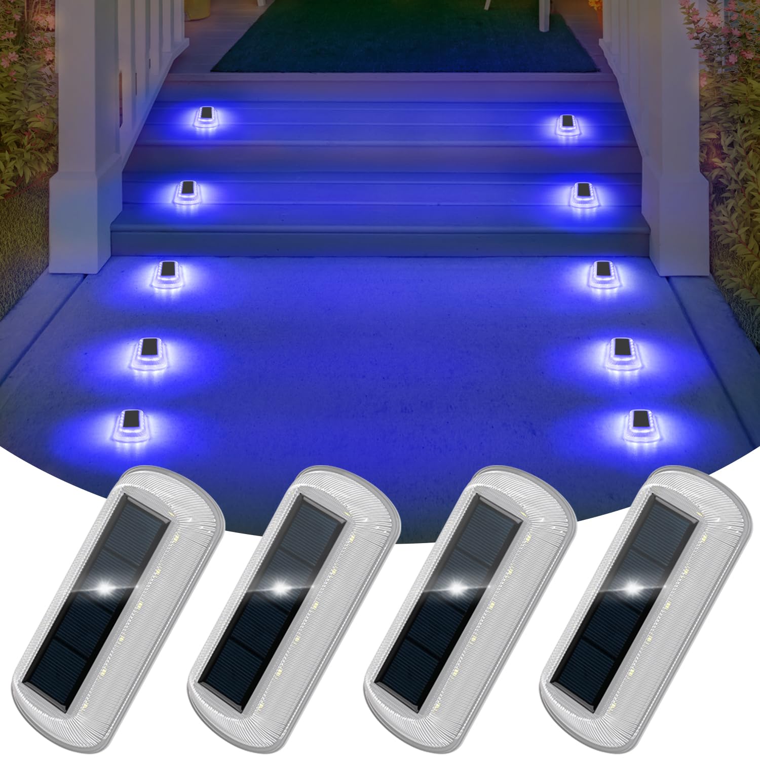 T-SUN Solar Step Lights for Outside 4 Pack Solar Stair Lights Waterproof LED Blue Deck Light for Outdoor Fence Driveway Yard Bal
