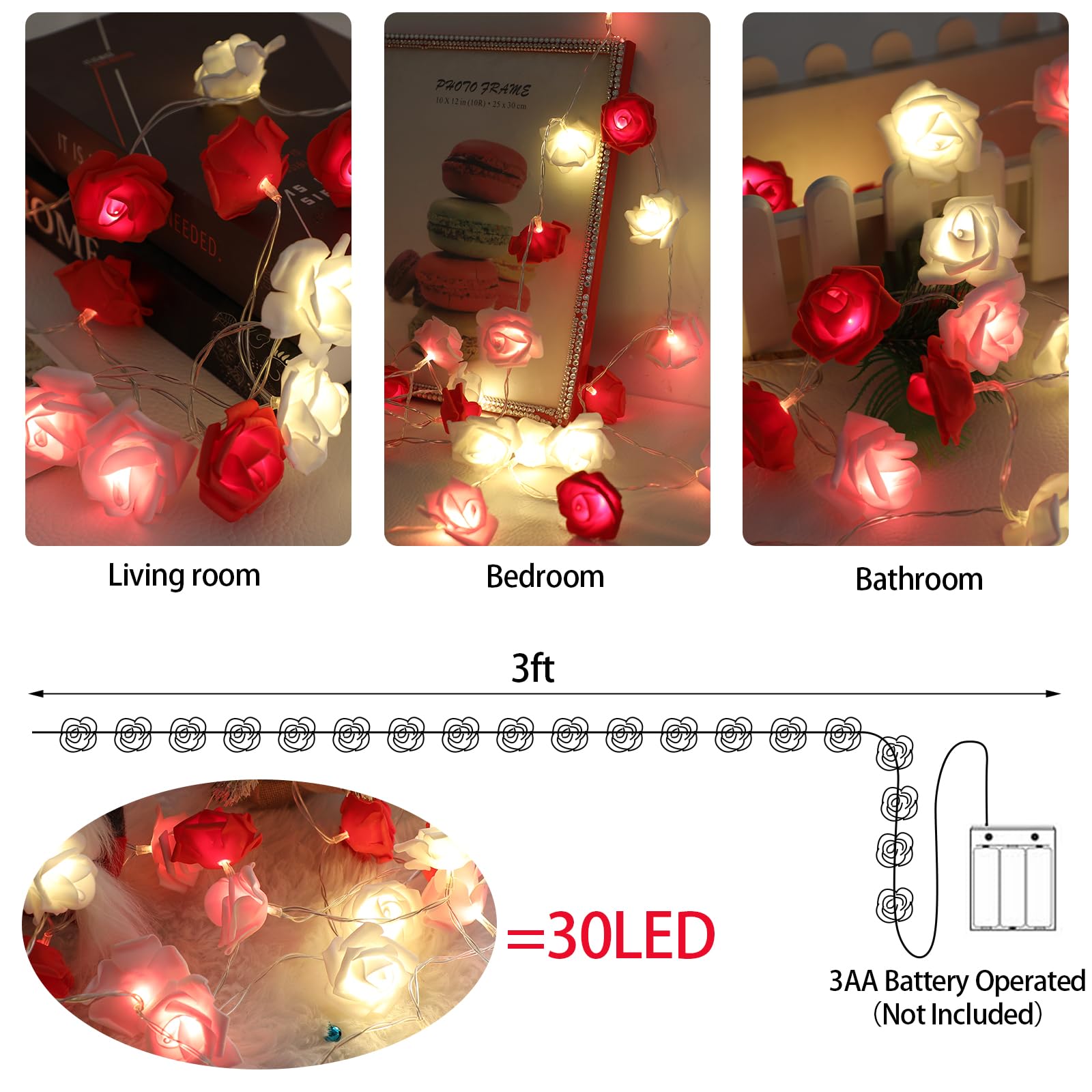 CCINEE 9.8Ft LED Rose Flower String Lights?30 LED Red White Pink Flower Fairy String Lights Battery Operated Flowers Garland Lig
