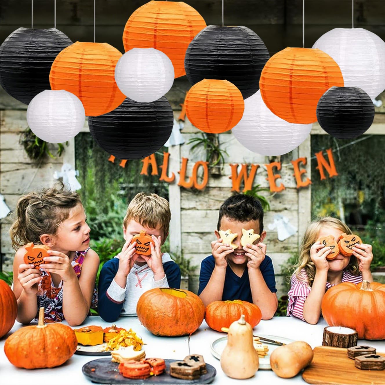 Capesaro Orange Black White Paper Lanterns Decorative 12Pcs Halloween Hanging Decorations For Graduation Thanksgiving Birthday Party Decorations