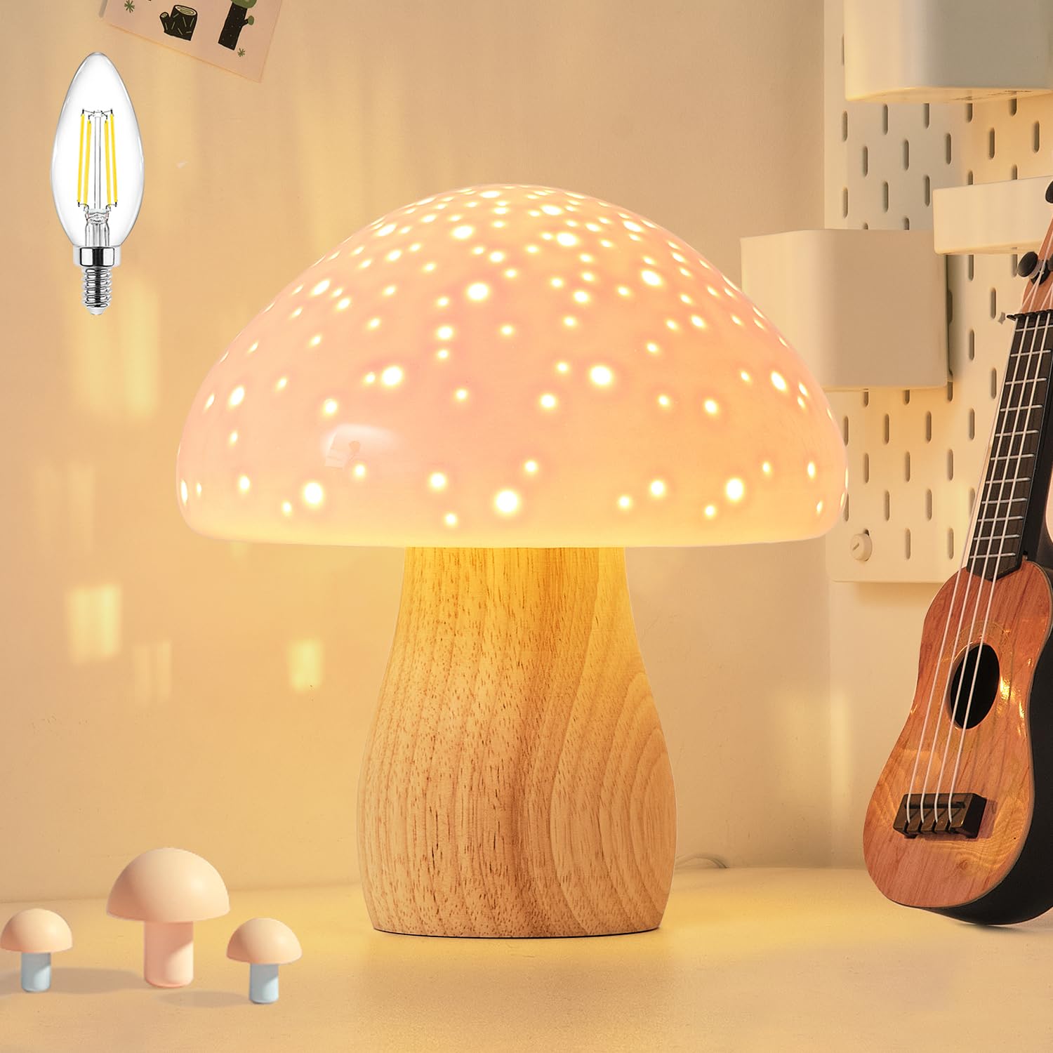 BOHON Ceramic Mushroom Lamp, Vintage Pink Bedside Table Light, LED Bulb Included, Model C-Mushroom-B
