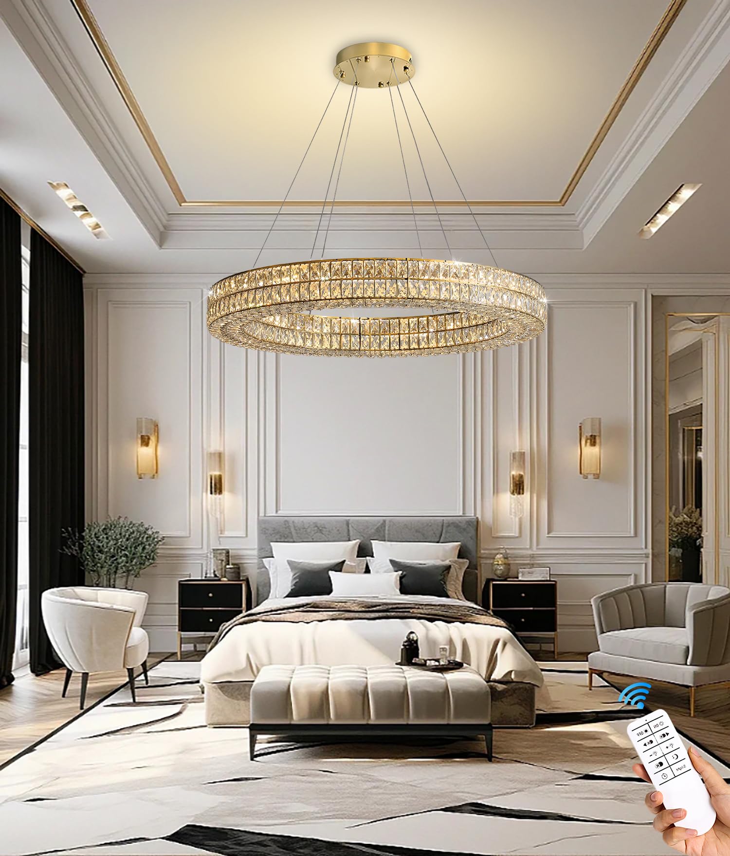 IDEQUY 32in Gold Ring Chandelier - Modern Crystal Ceiling Light Fixture for Living Room, Dining Room, Bedroom, Model CF8024-80J