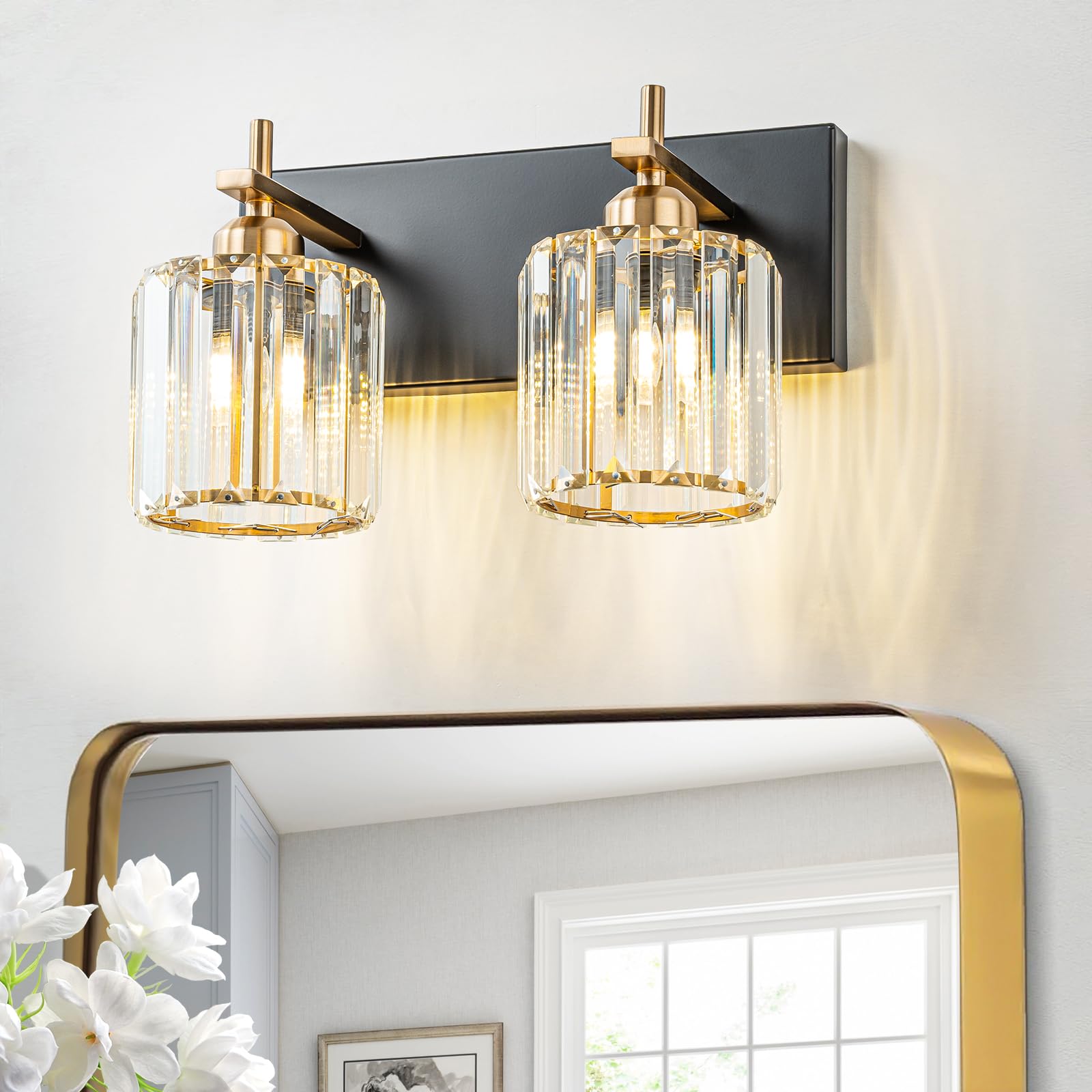 HUOKU 2-Light Crystal Bathroom Vanity Lights, Metal & Crystal, Black Gold Finish