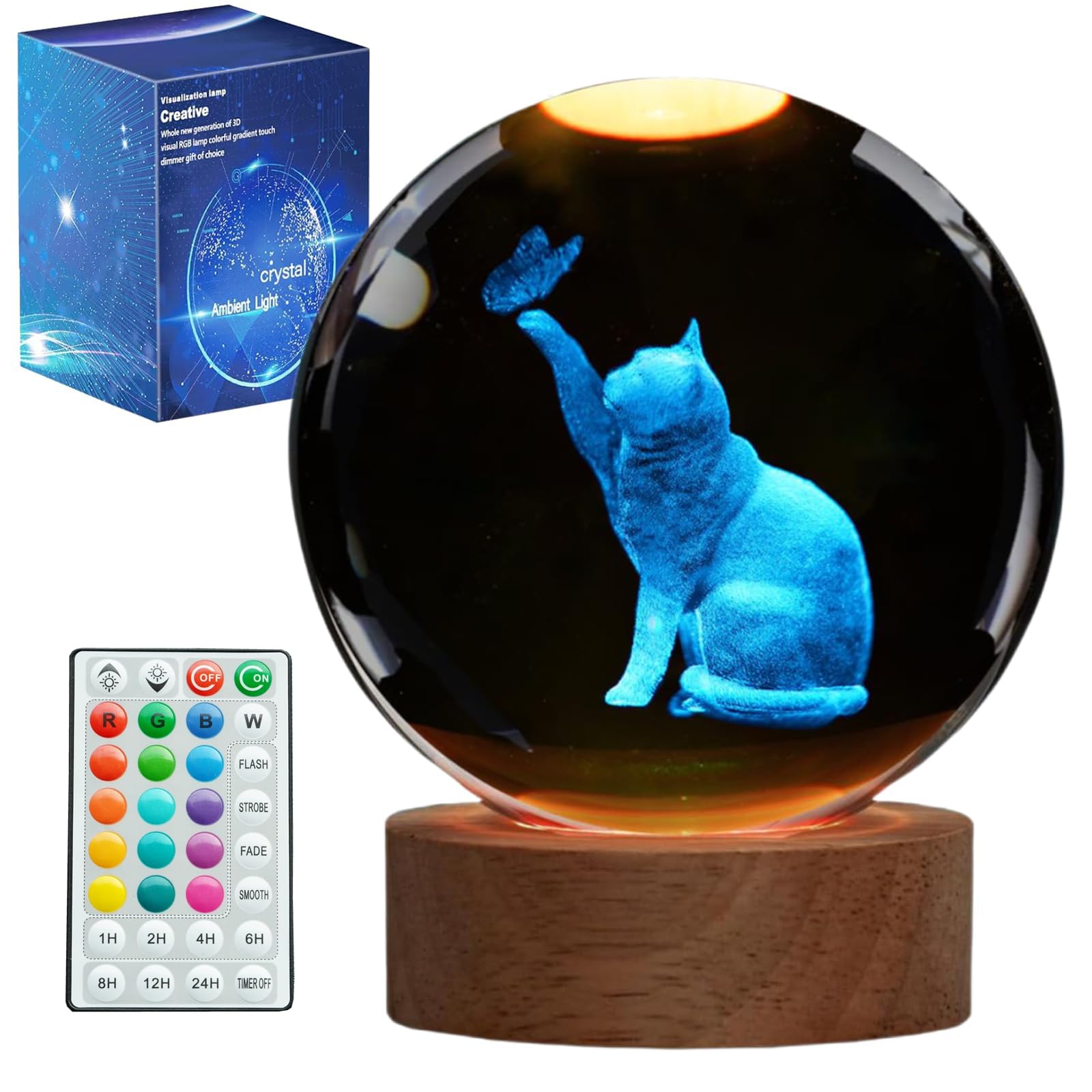 Cat Night Light, Cat Themed Gifts for Girls, K9 3.15 Inch(80mm) Crystal Ball Night Light with 16 Colors Remote Upgraded Lamp for