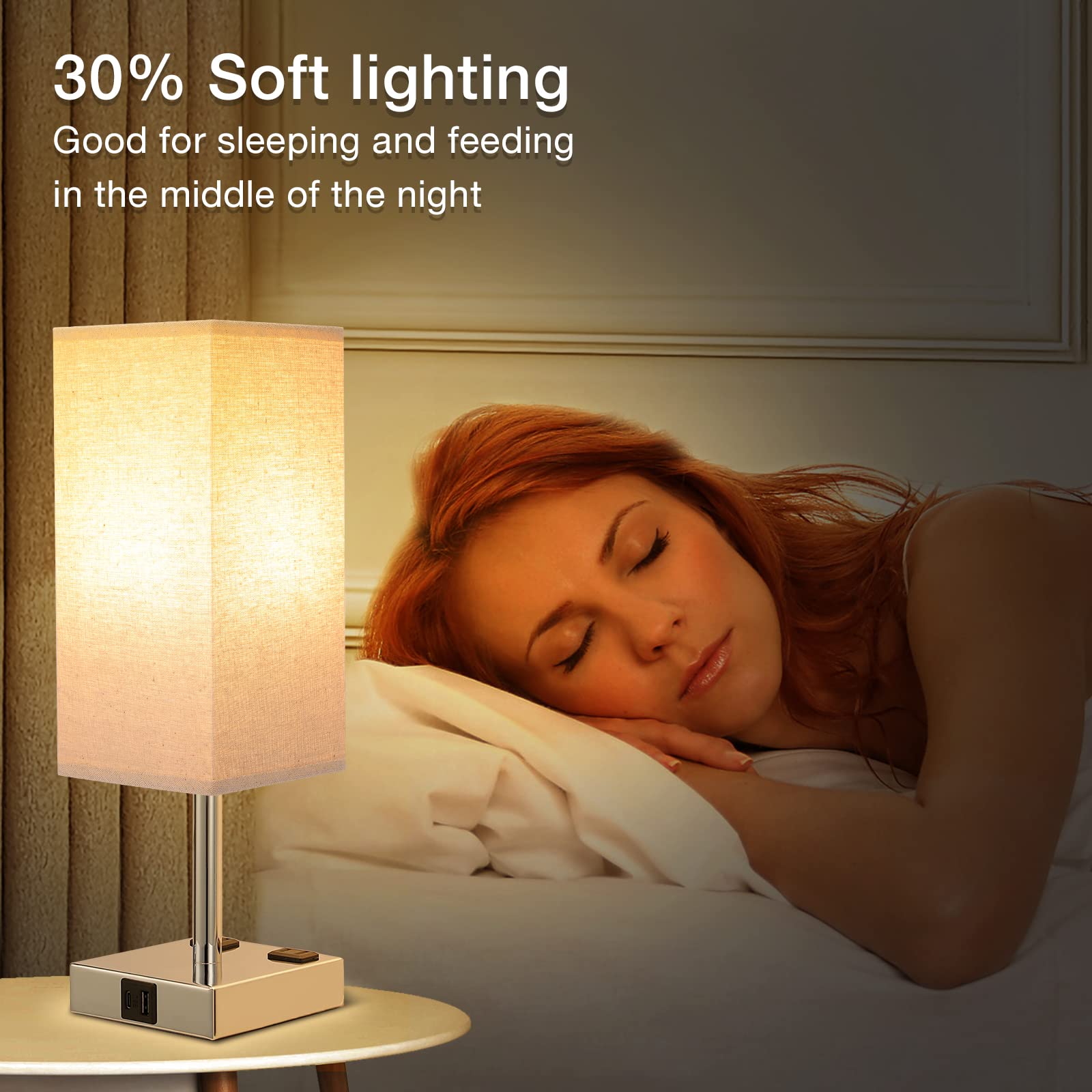 Aooshine Beige Set Of 2 Touch Lamp With Usb Port-Nightstand Lamp With Usb-C+A Charge Ports& Ac Outlets, 3-Way Dimmable Bedside L