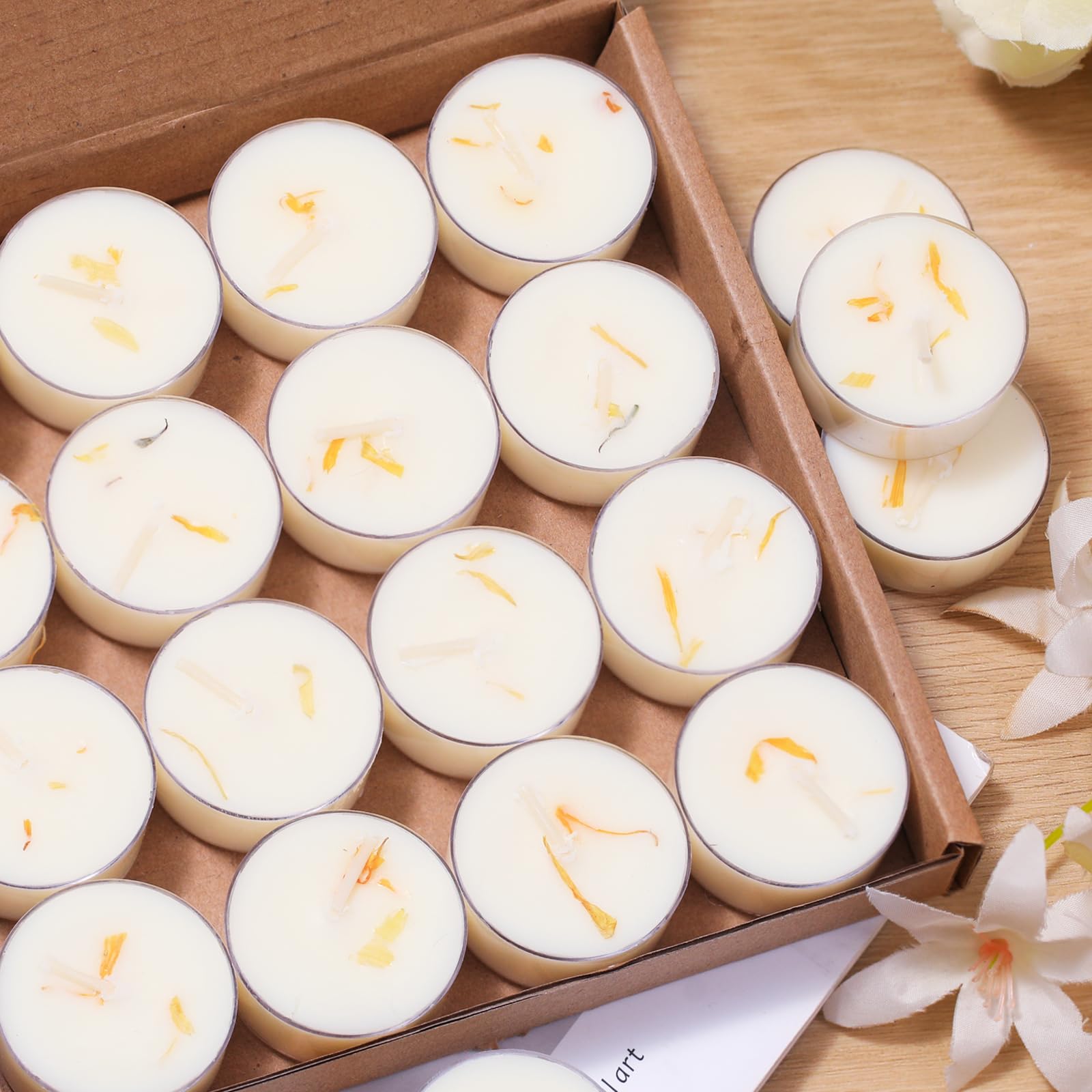 48Pcs Vanilla Scented Tealight Candles, Palm Wax White Tea Lights, 4h Long Burning Tea Light Candles with Dried Flowers for Holi
