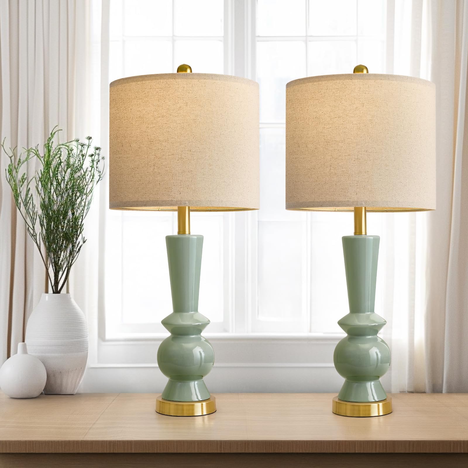 PORTRES 27" Modern Ceramic Table Lamp Set of 2, Green & Gold, Ideal for Living Room, Bedroom Nightstand, Model AMZ-T1216