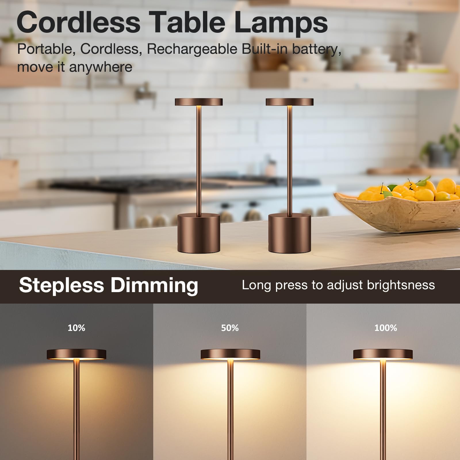 Kakanuo Brown Cordless Lamp, Rechargeable Lamp, Touch Control, 3 Color Temperature, Led Outdoor Wireless Lamp, Battery Operated