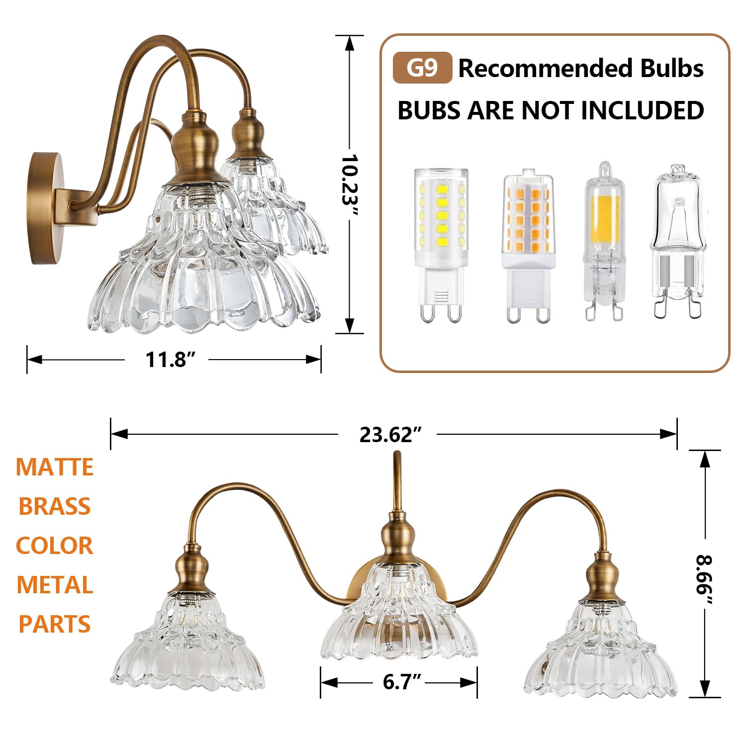 TLOLGT Vintage 3-Light Brass Wall Sconce - Retro Glass Bathroom Vanity Light Fixture, Model XZ-W111-3