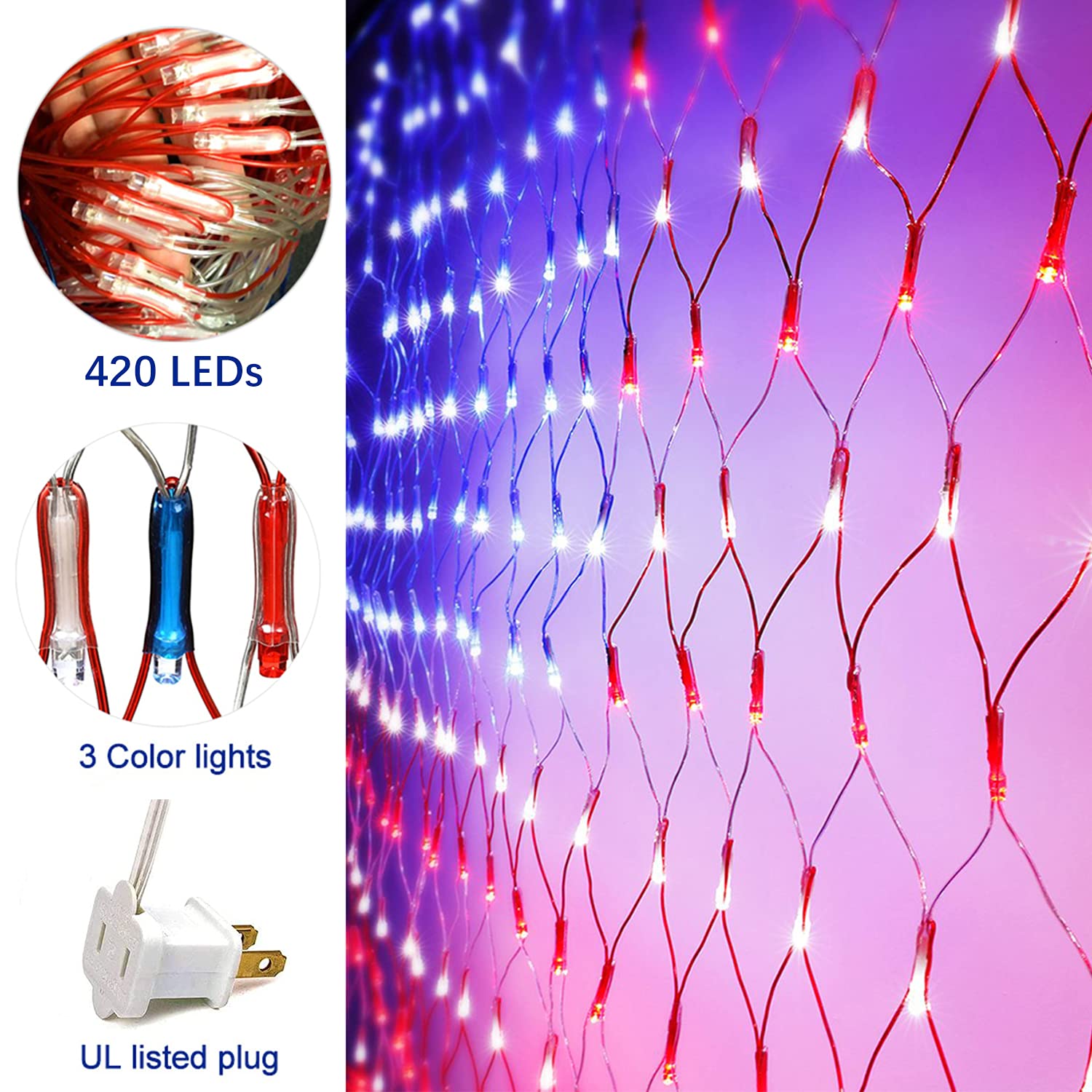 FUNIAO 420 LED American Flag Net Lights, Waterproof Patriotic Decor for 4th of July, Memorial Day, Red, White, Blue, Model YLS1000WD01