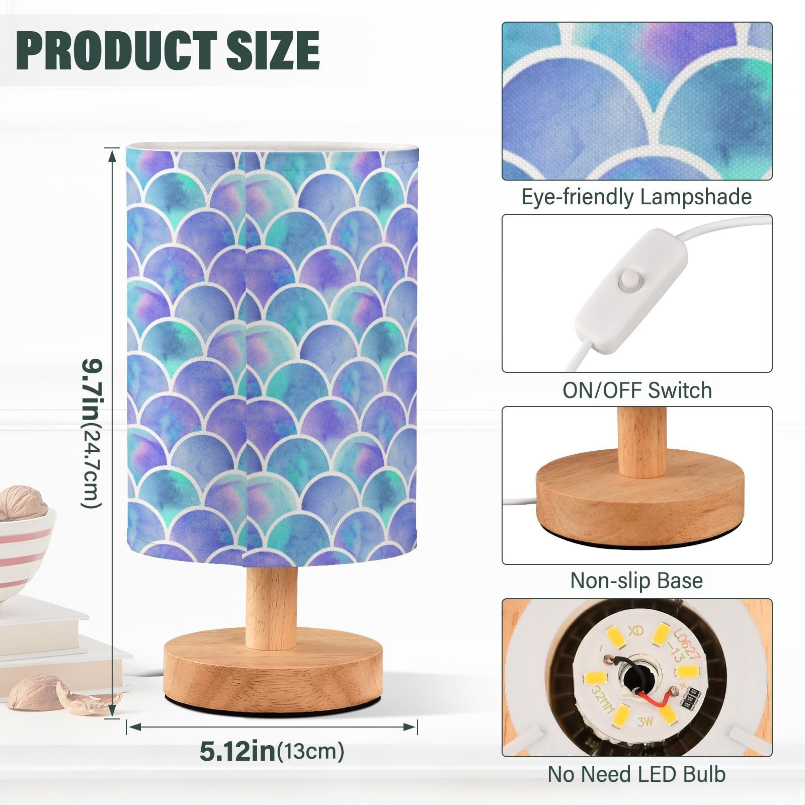 Alaza Watercolor Rainbow Scales Of Mermaid Decor Bedside Table Lamp With Usb Port For Bedroom Nightstand Office Desk Led Bulb In