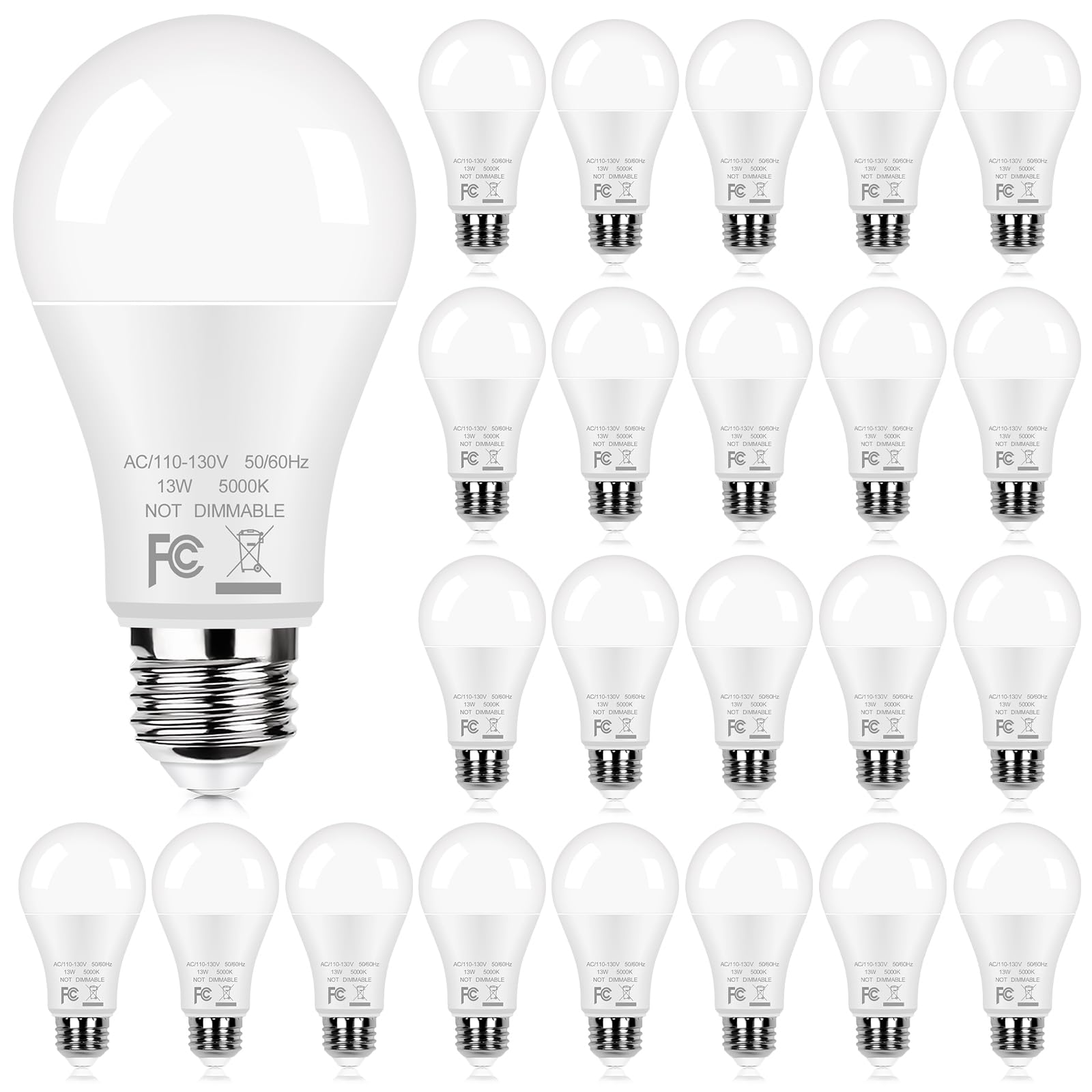 24-Pack A19 LED Light Bulbs, 13W 5000K Daylight White Bulbs, 100W Equivalent 1500 LM Super Bright LED Bulbs with E26 Base, CRI85+ No Flicker Non-Dimmable Lightbulb for Bedroom, Living Room Lighting