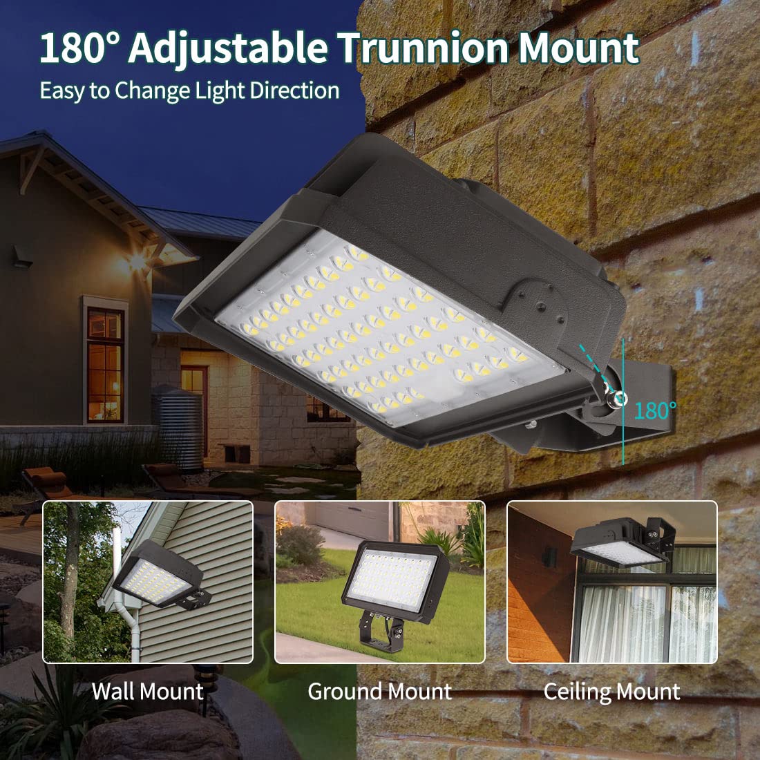 Kadision 200W LED Flood Light with Dusk-to-Dawn Photocell, 26000lm, IP65 Waterproof, Yoke Mount, Brown Finish, Model PL01-200WA-