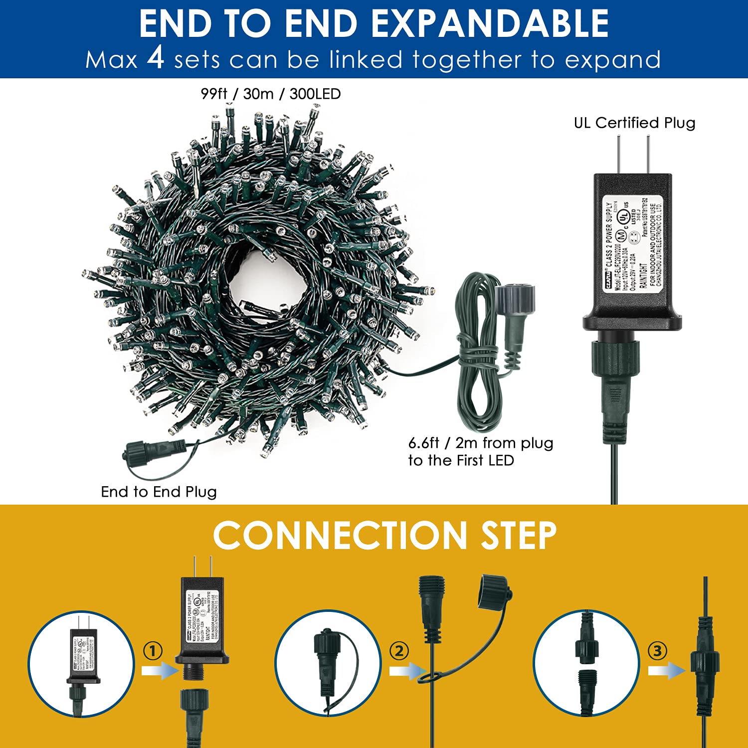 Decute 300LED Christmas String Lights, Waterproof, 105FT, Warm White, UL Certified, 8 Modes, Model JT-EL/FC290V0200