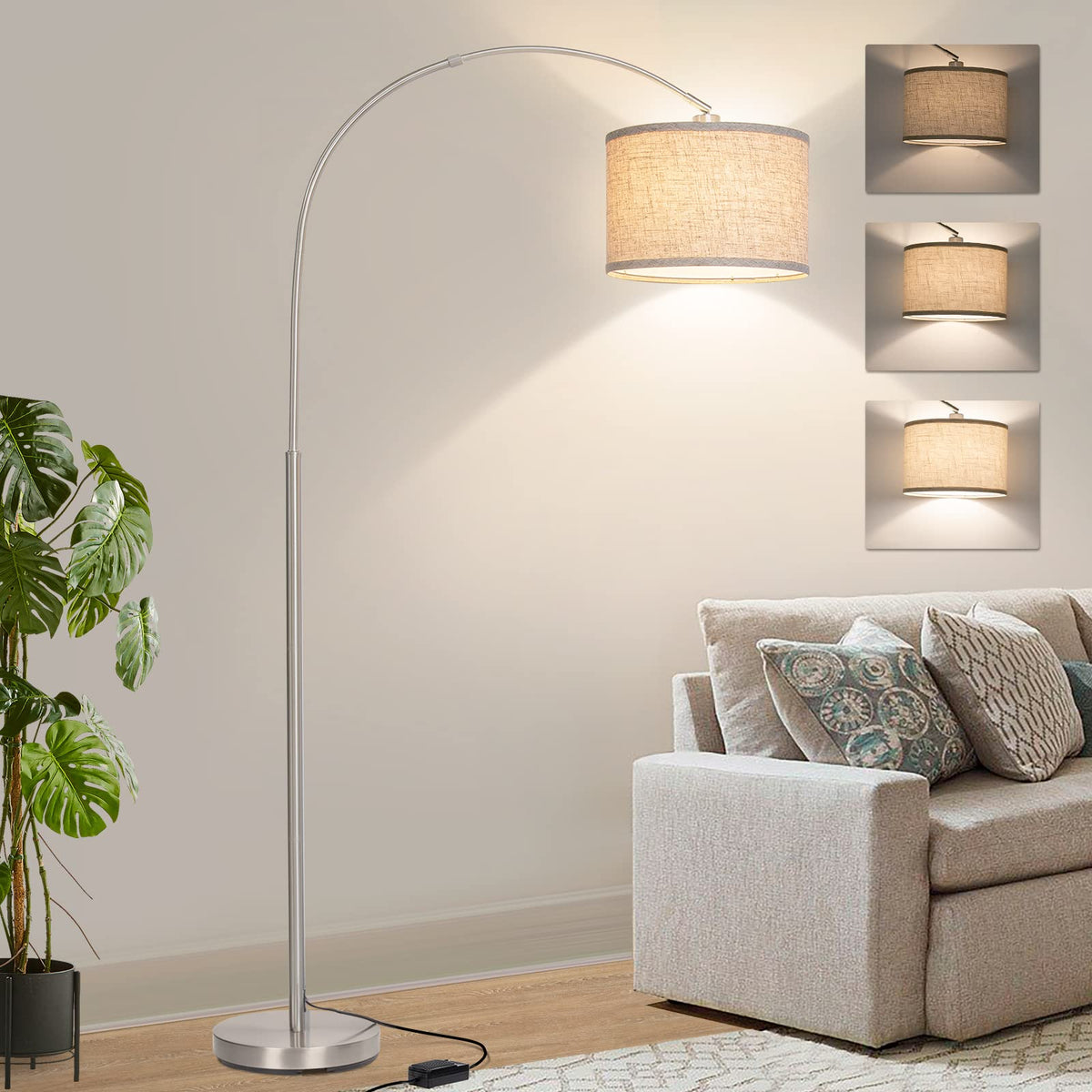 Floor Lamp For Living Room, Dimmable Arc Floor Lamp With Adjustable Head, Silver Finish Modern Floor Lamp, Over Couch Tall Stand