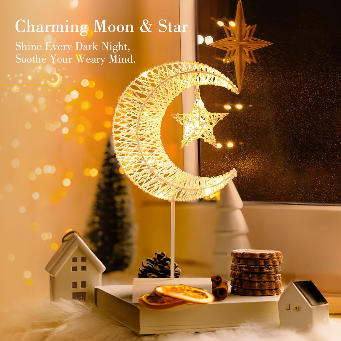 Lewondr Decorative Table Lamp, Christmas Moon Star Ramadan Desk Lamp Battery Powered Warm Led Crescent Light For Xmas Home Bedroom Bedside Desktop Nightstand Decoration, White
