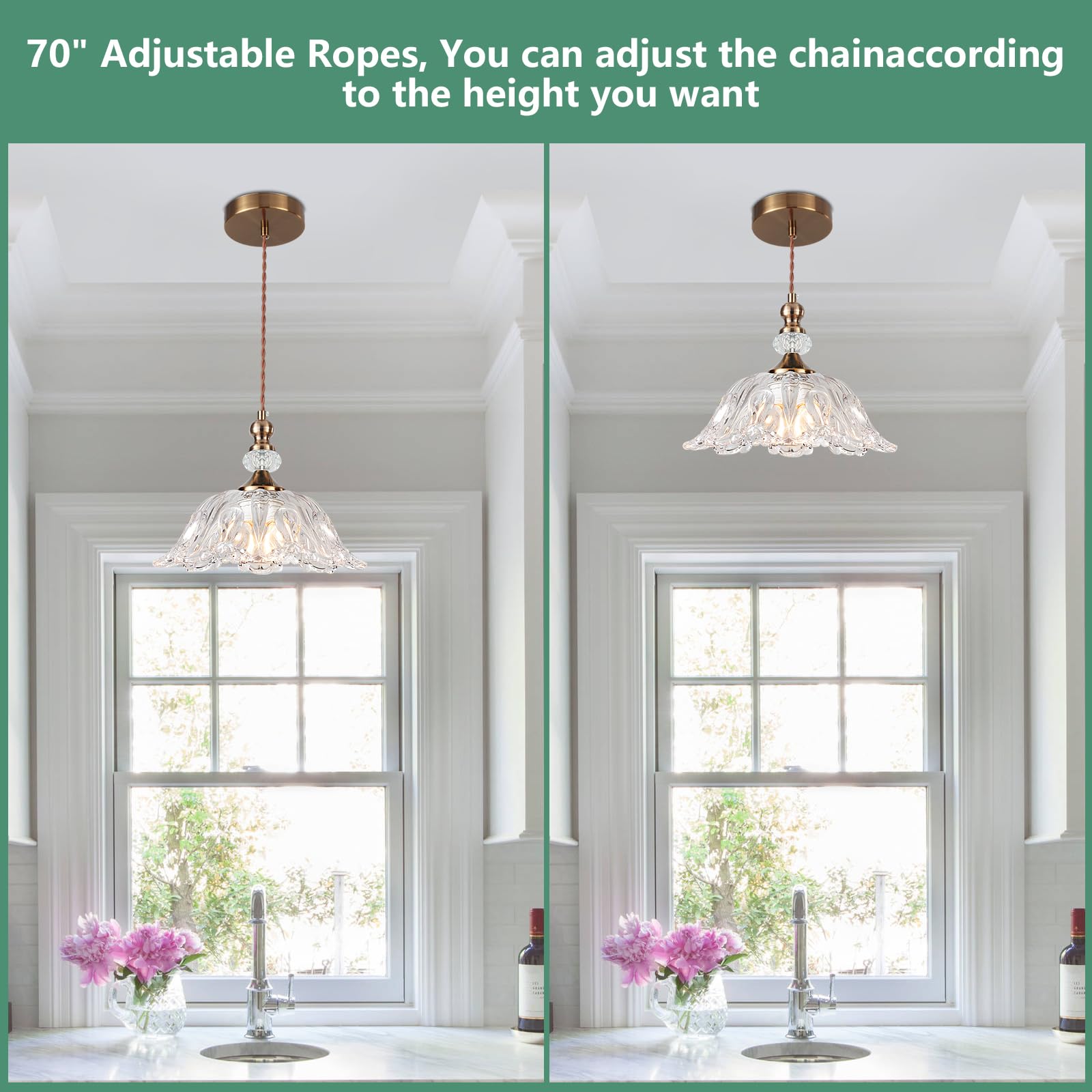 Cwarmozy Vintage Small Glass Pendant Light Fixtures For Kitchen Island 10.6'' Farmhouse Brass Gold Adjustable Hanging Ceiling Li