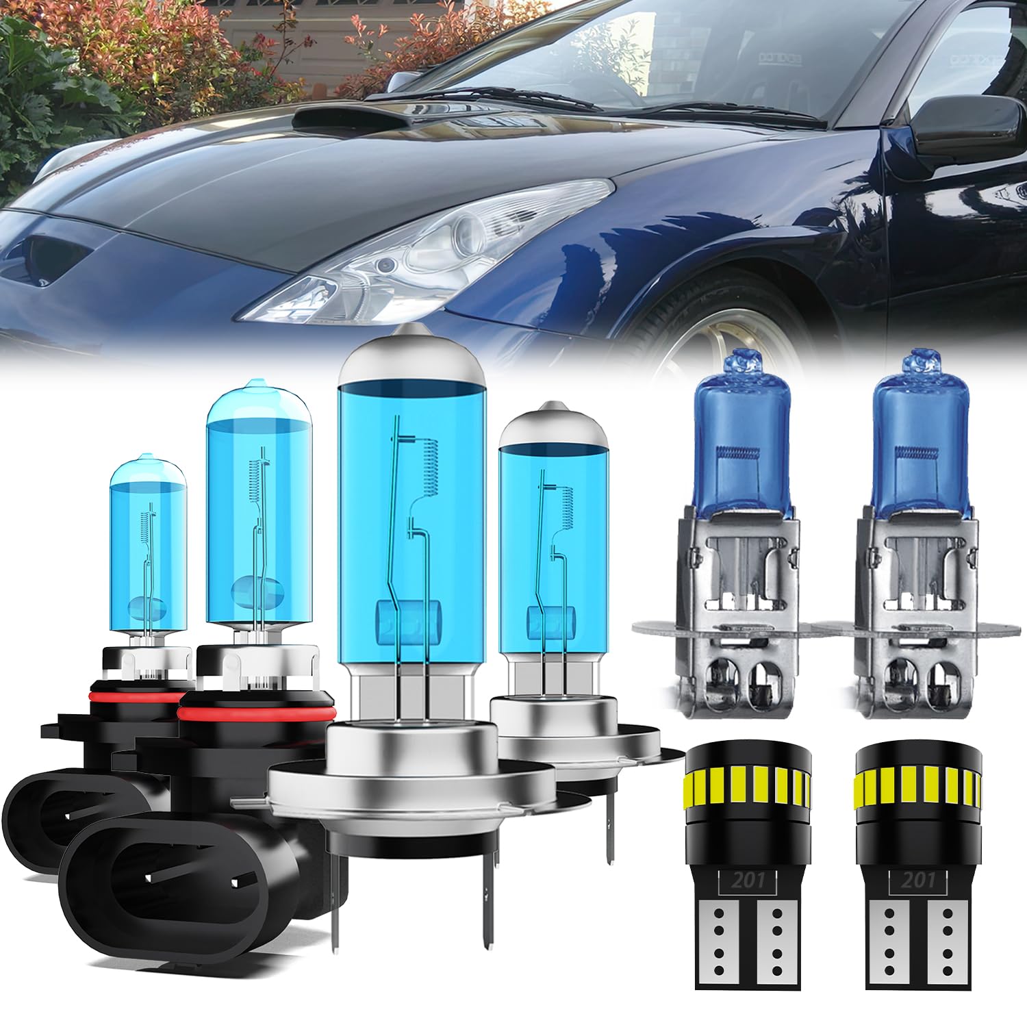 LECCIBUB Headlight Bulbs License Plate Lights Fit For Toyota Celica 2000-2005, 9005 High Beam + H7 Low Beam + H3 Fog Lights Halo